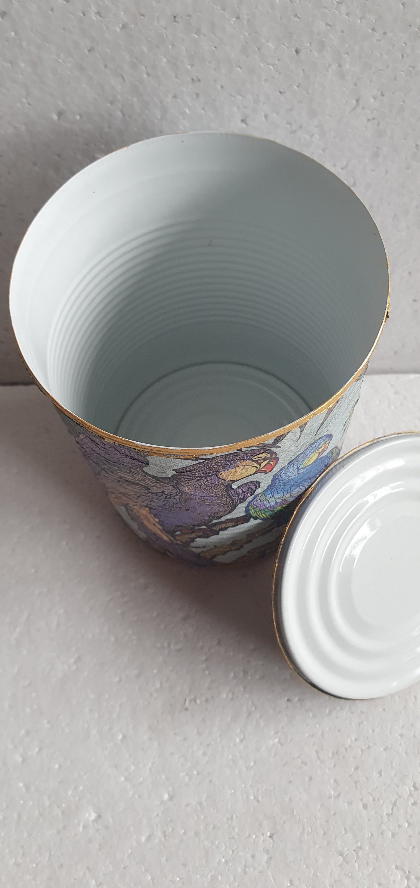 Upcycle Tin Can Desk Tidy With Lid Blue Purple Green Gold Parrots Decoupage Hand Decorated Home Decor Gift