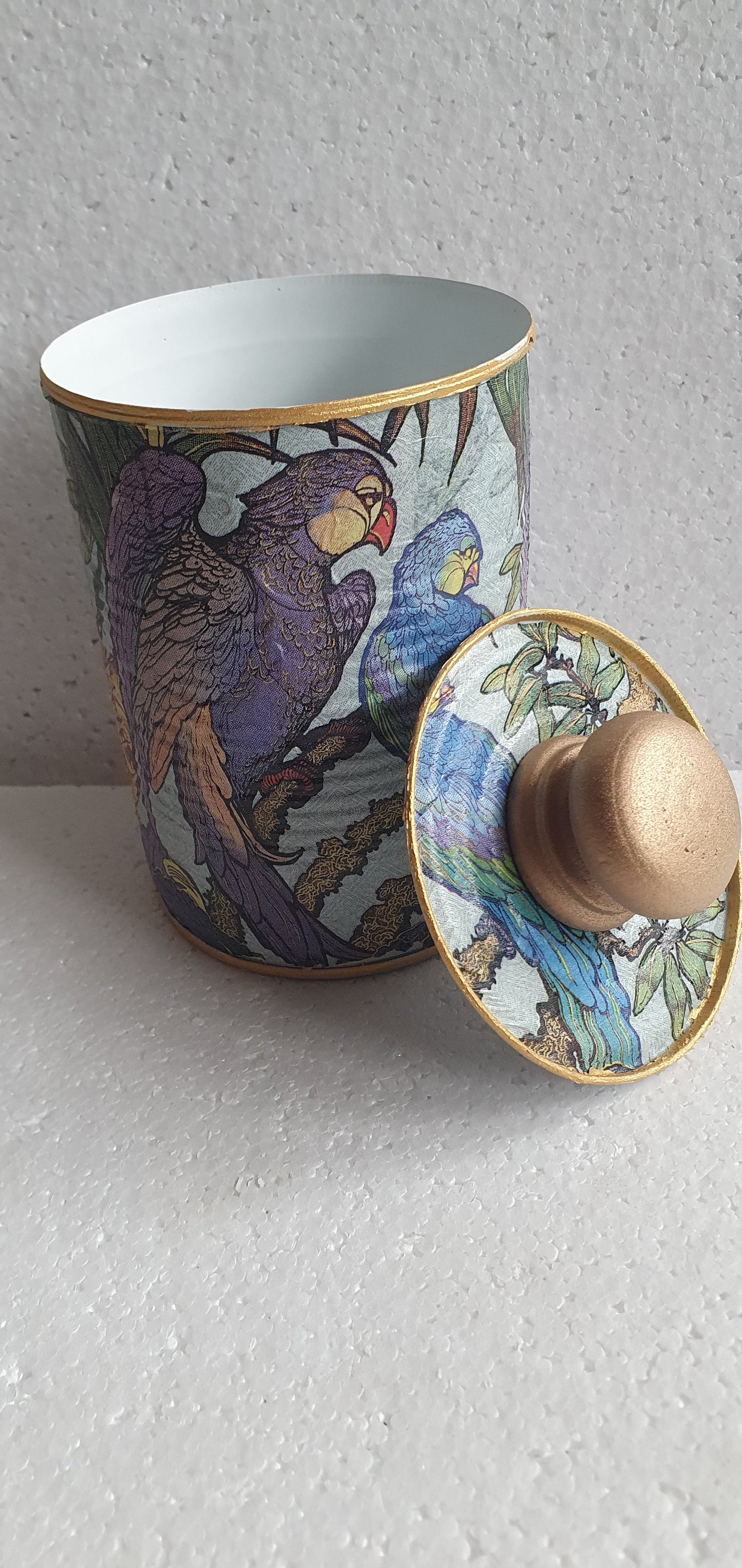 Upcycle Tin Can Desk Tidy With Lid Blue Purple Green Gold Parrots Decoupage Hand Decorated Home Decor Gift