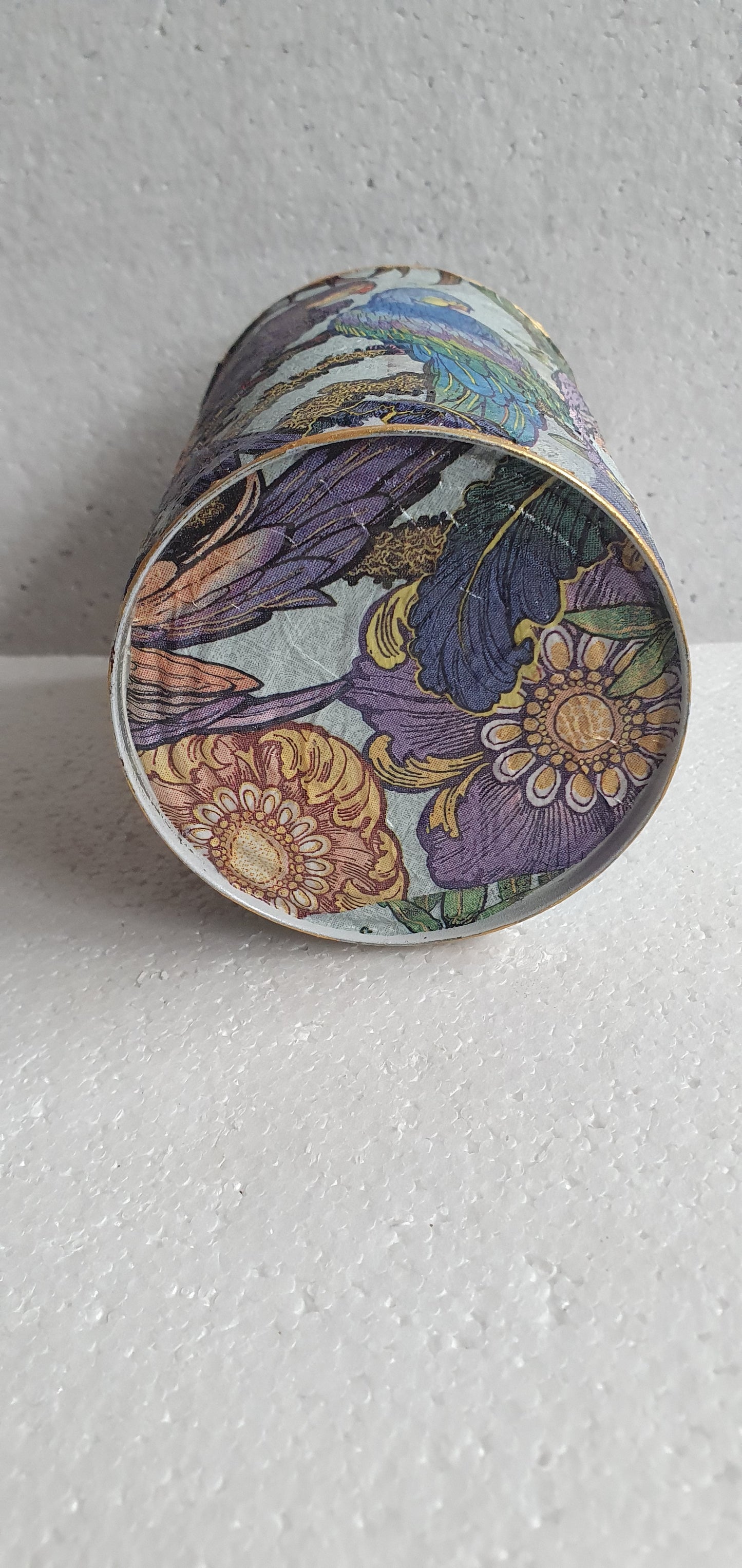 Upcycle Tin Can Desk Tidy With Lid Blue Purple Green Gold Parrots Decoupage Hand Decorated Home Decor Gift
