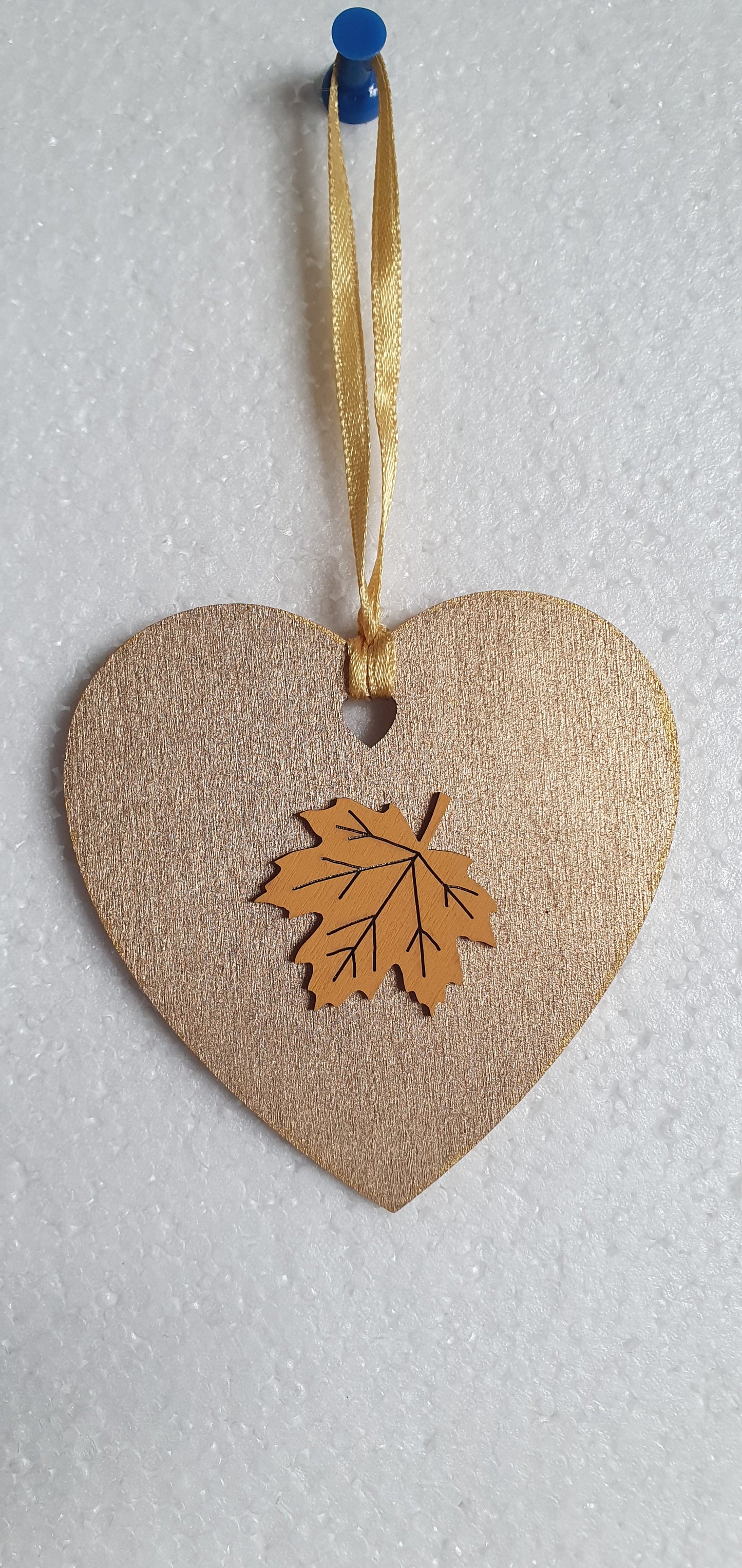 Small Wooden Heart Brown Orange Autumn Pumpkin Leaves Window Hanging Gift