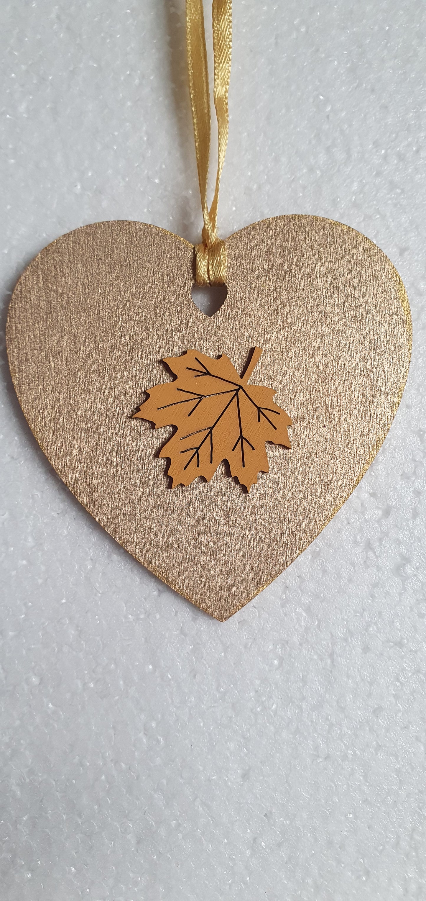 Small Wooden Heart Brown Orange Autumn Pumpkin Leaves Window Hanging Gift
