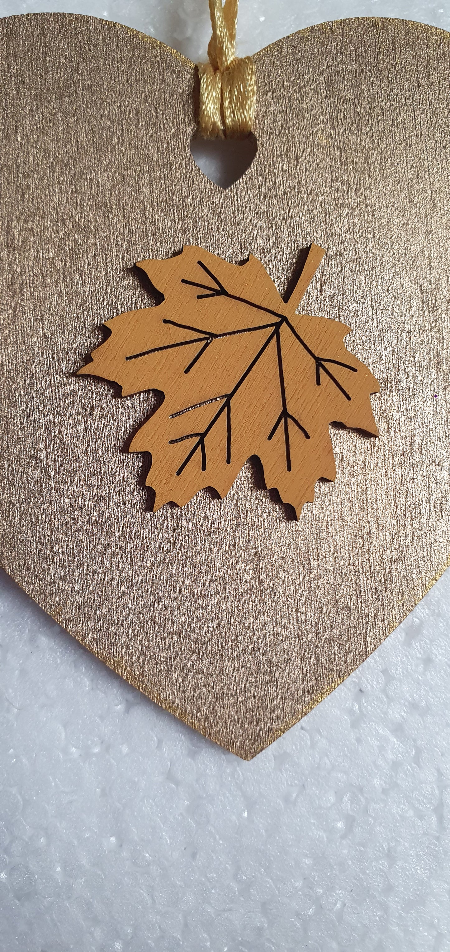 Small Wooden Heart Brown Orange Autumn Pumpkin Leaves Window Hanging Gift