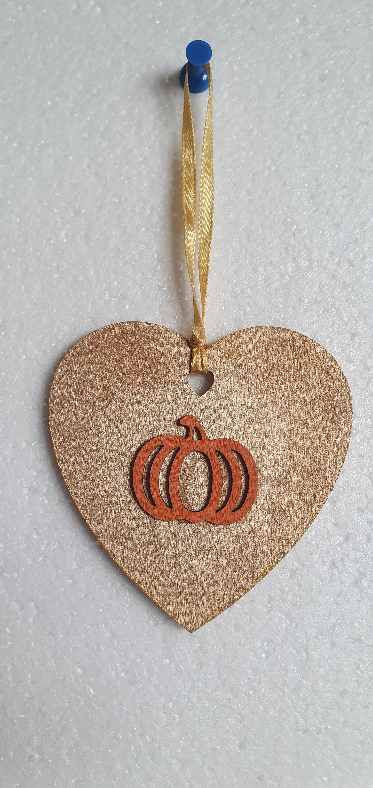 Small Wooden Heart Brown Orange Autumn Pumpkin Leaves Window Hanging Gift