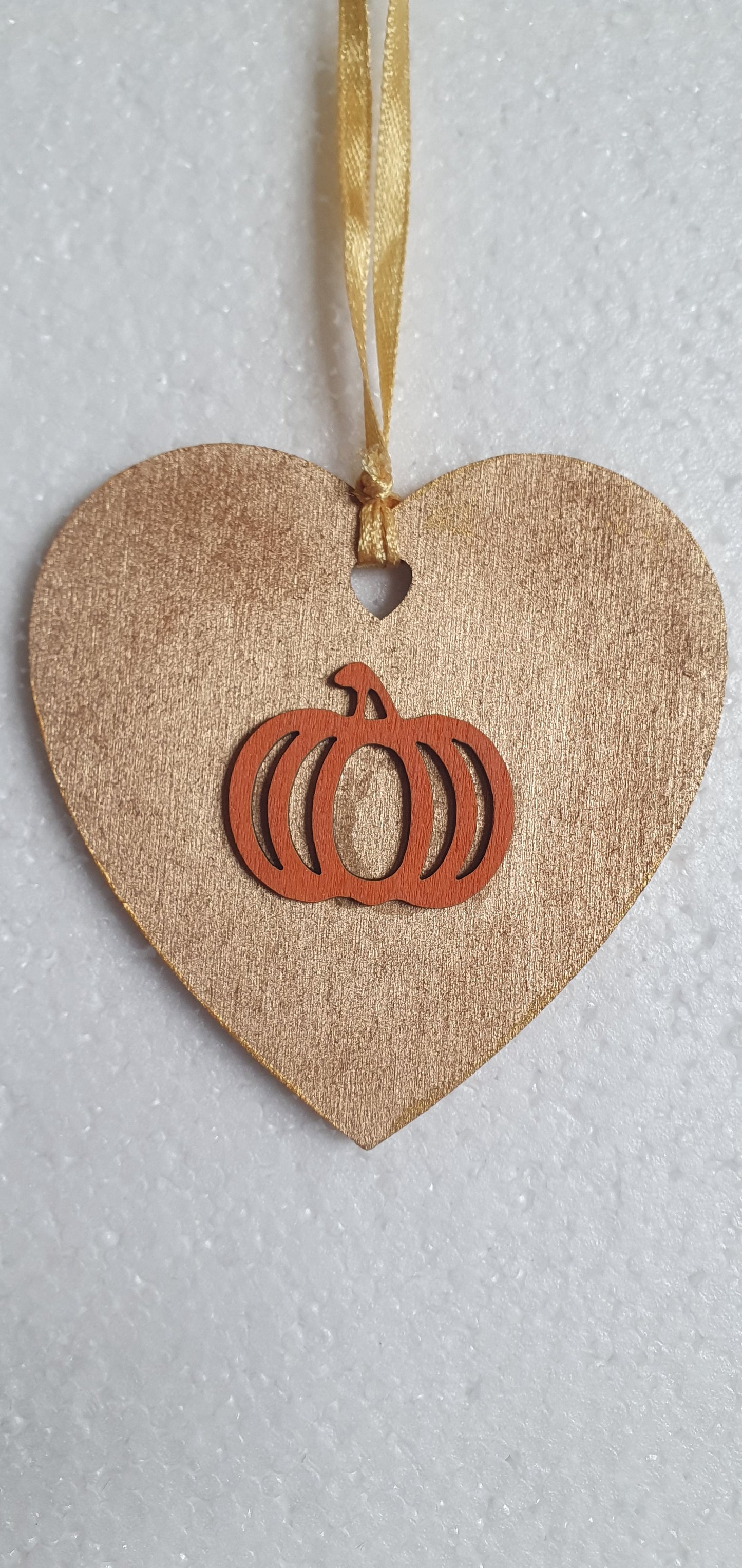 Small Wooden Heart Brown Orange Autumn Pumpkin Leaves Window Hanging Gift