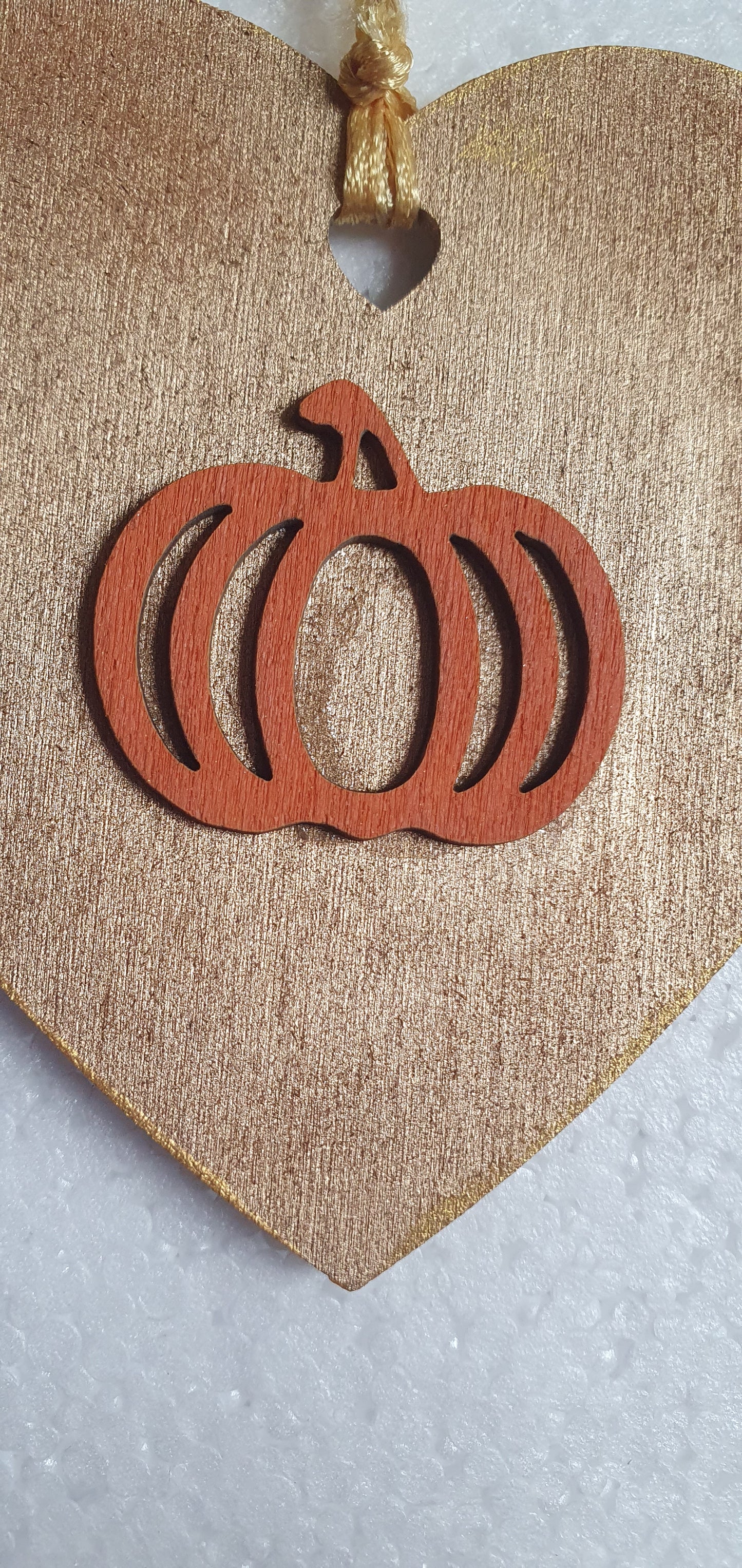 Small Wooden Heart Brown Orange Autumn Pumpkin Leaves Window Hanging Gift