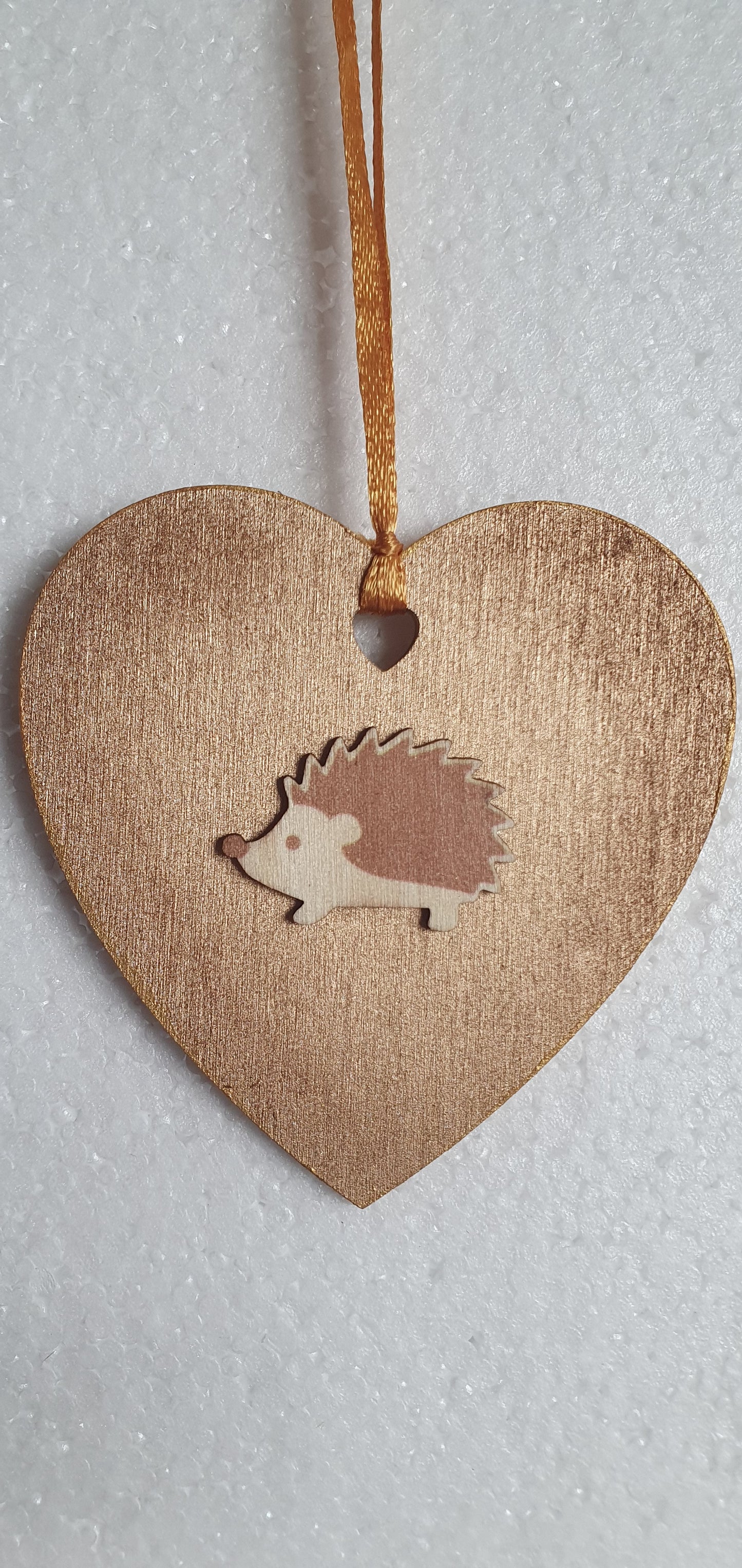 Small Wooden Heart Brown Orange Autumn Hedgehog Leaves Window Hanging Gift