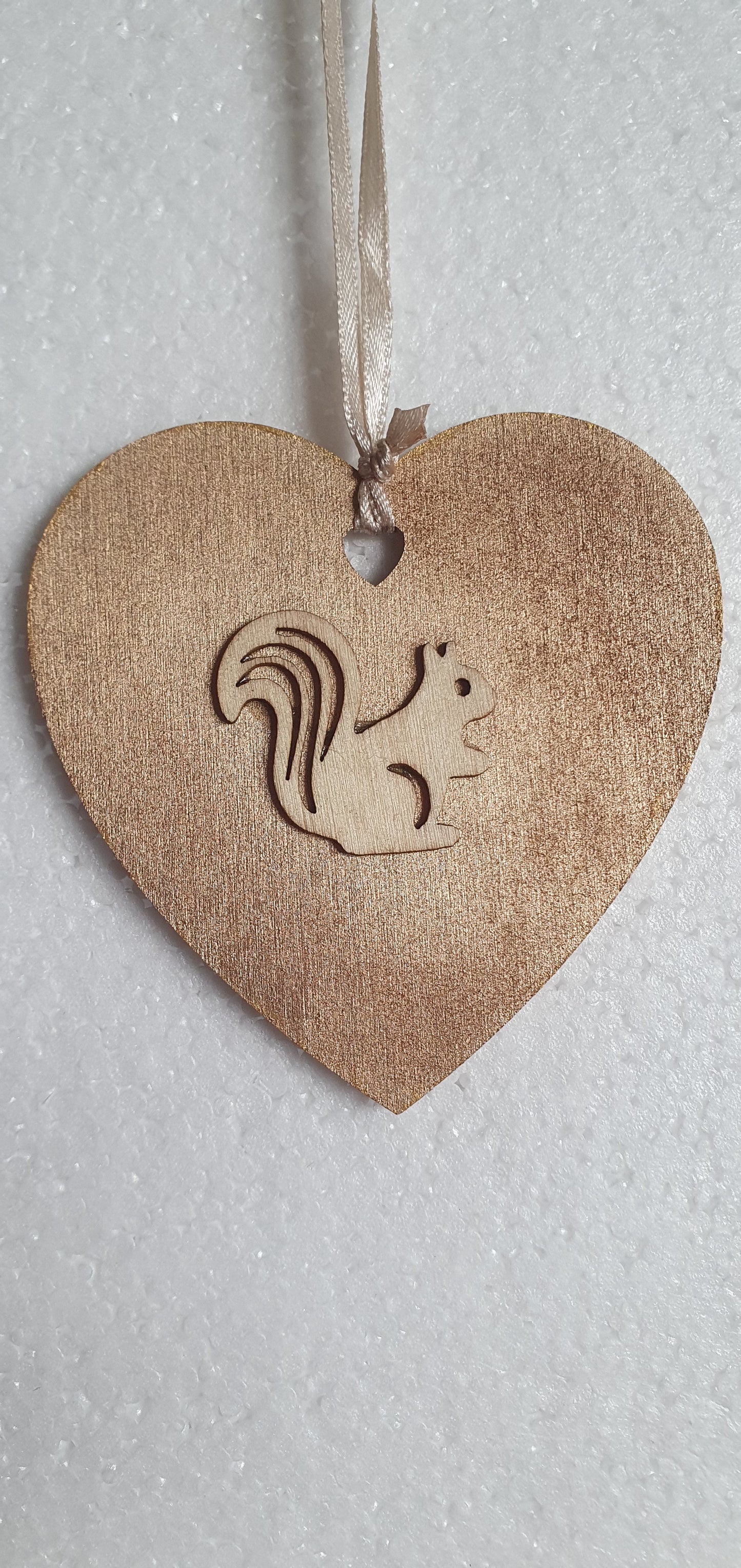 Small Wooden Heart Brown Orange Autumn Squirrel Acorns Window Hanging Gift