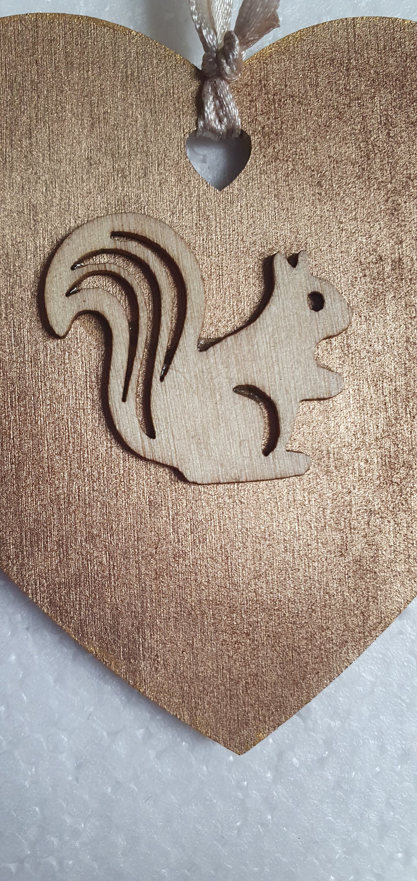 Small Wooden Heart Brown Orange Autumn Squirrel Acorns Window Hanging Gift