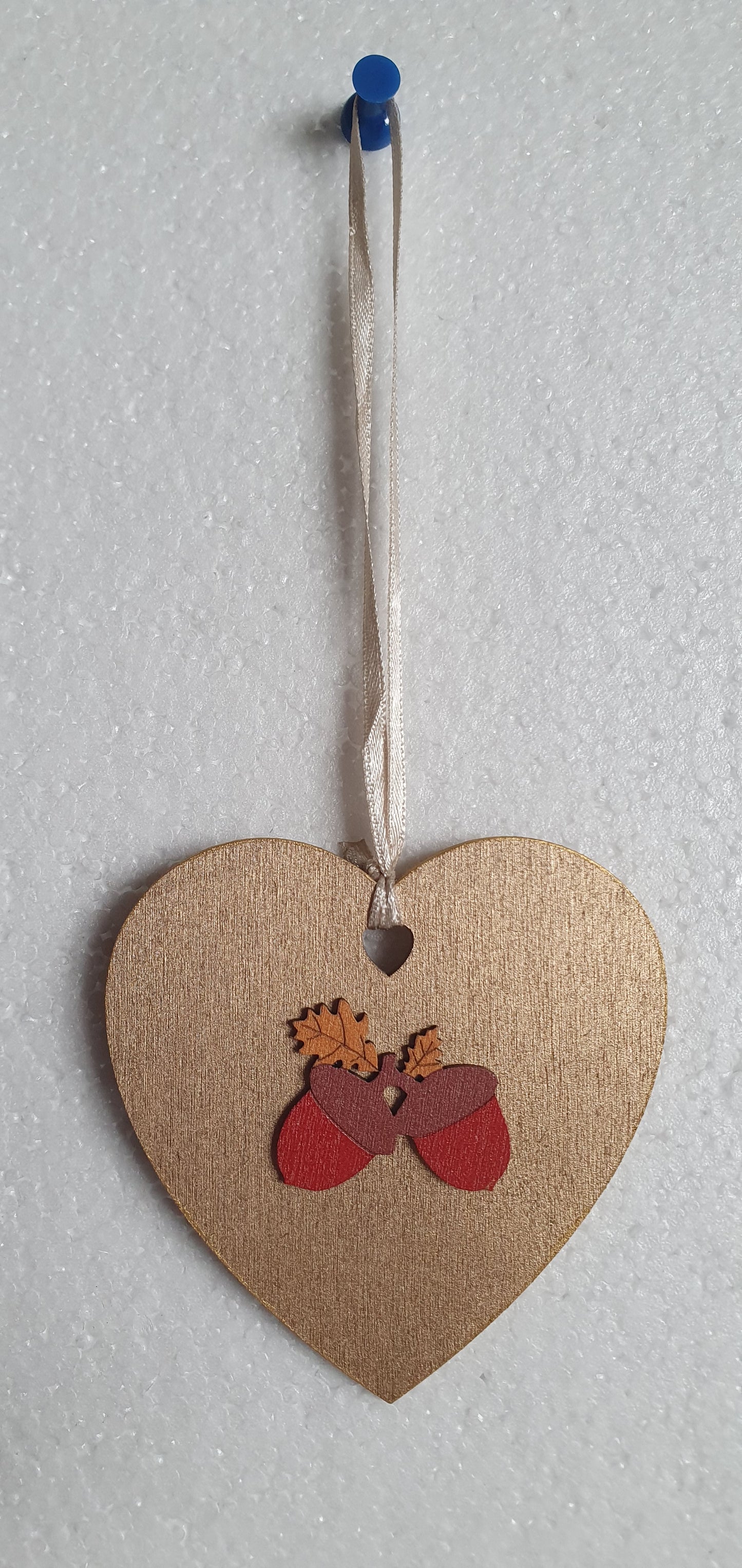 Small Wooden Heart Brown Orange Autumn Squirrel Acorns Window Hanging Gift