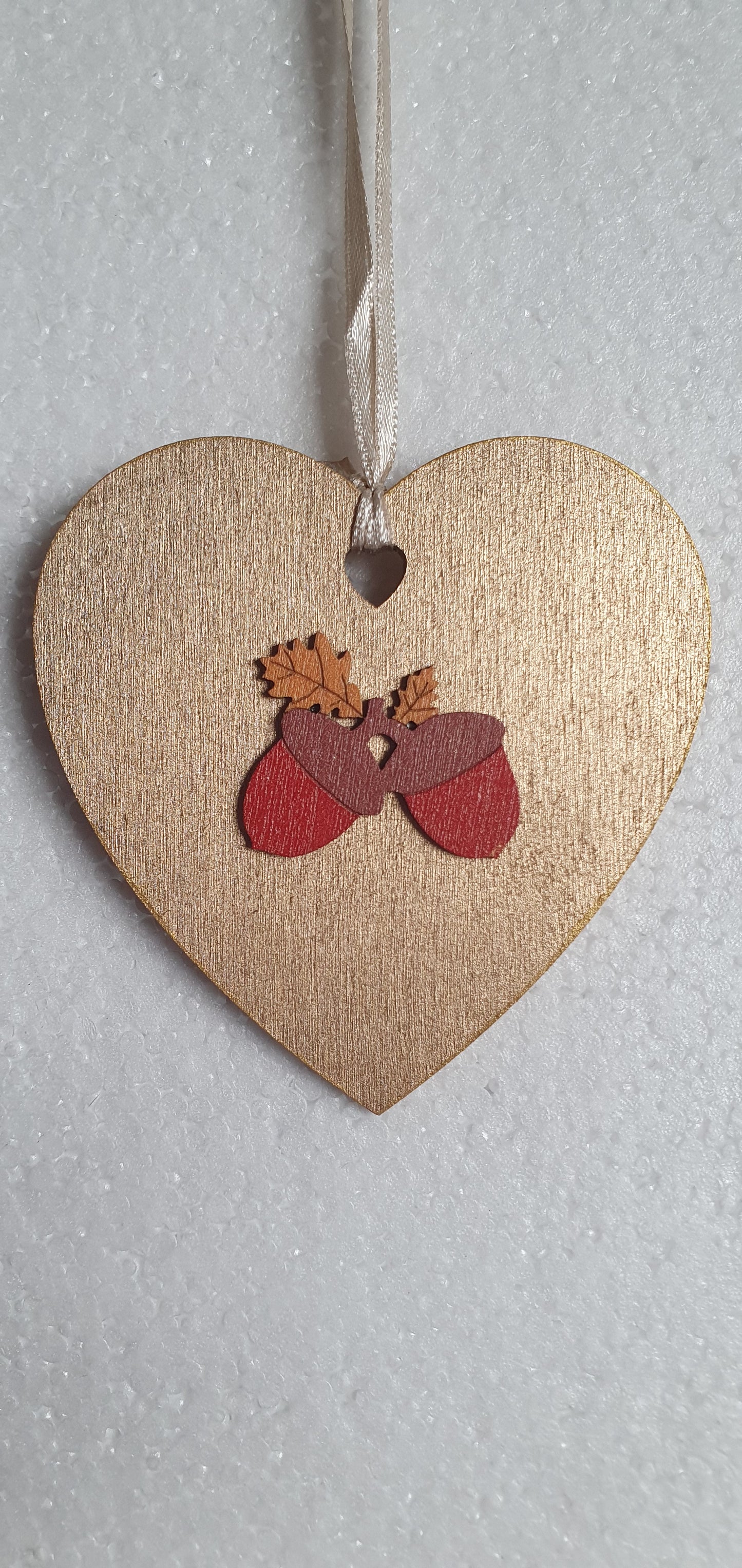 Small Wooden Heart Brown Orange Autumn Squirrel Acorns Window Hanging Gift