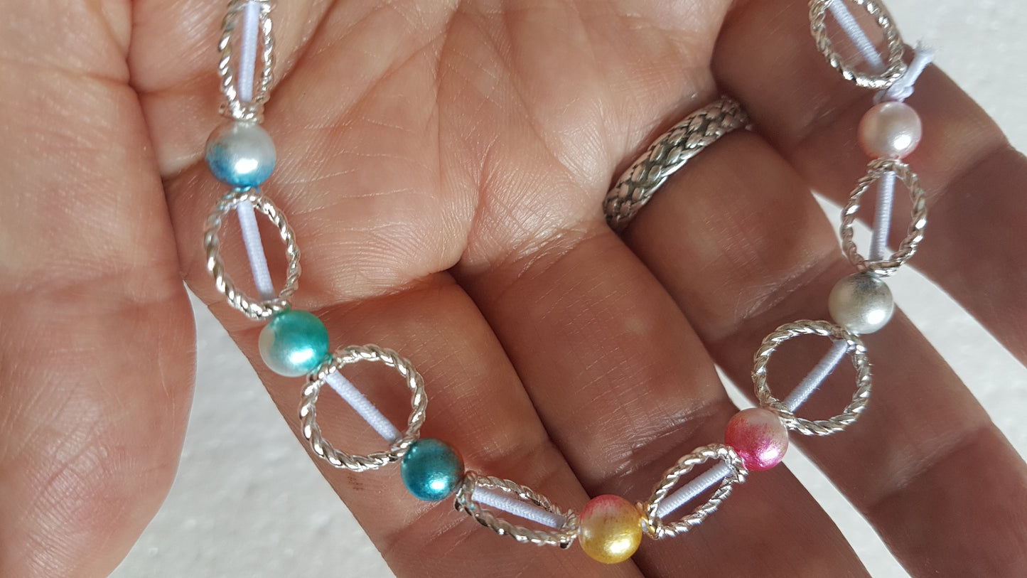 Bead Elastic Silver Rings Bracelet Multicoloured