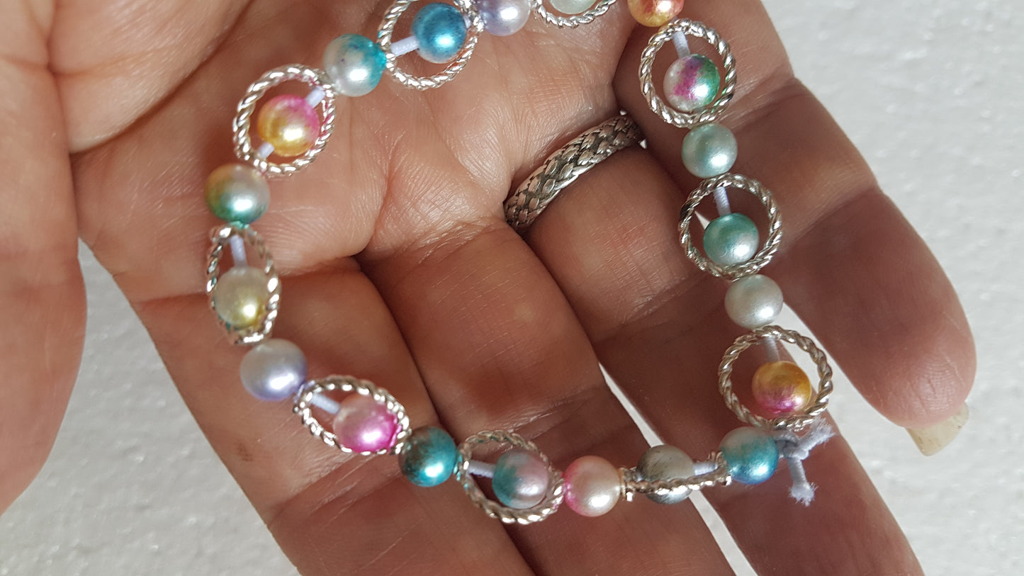 Bead Elastic Silver Rings Bracelet 2 Multicoloured