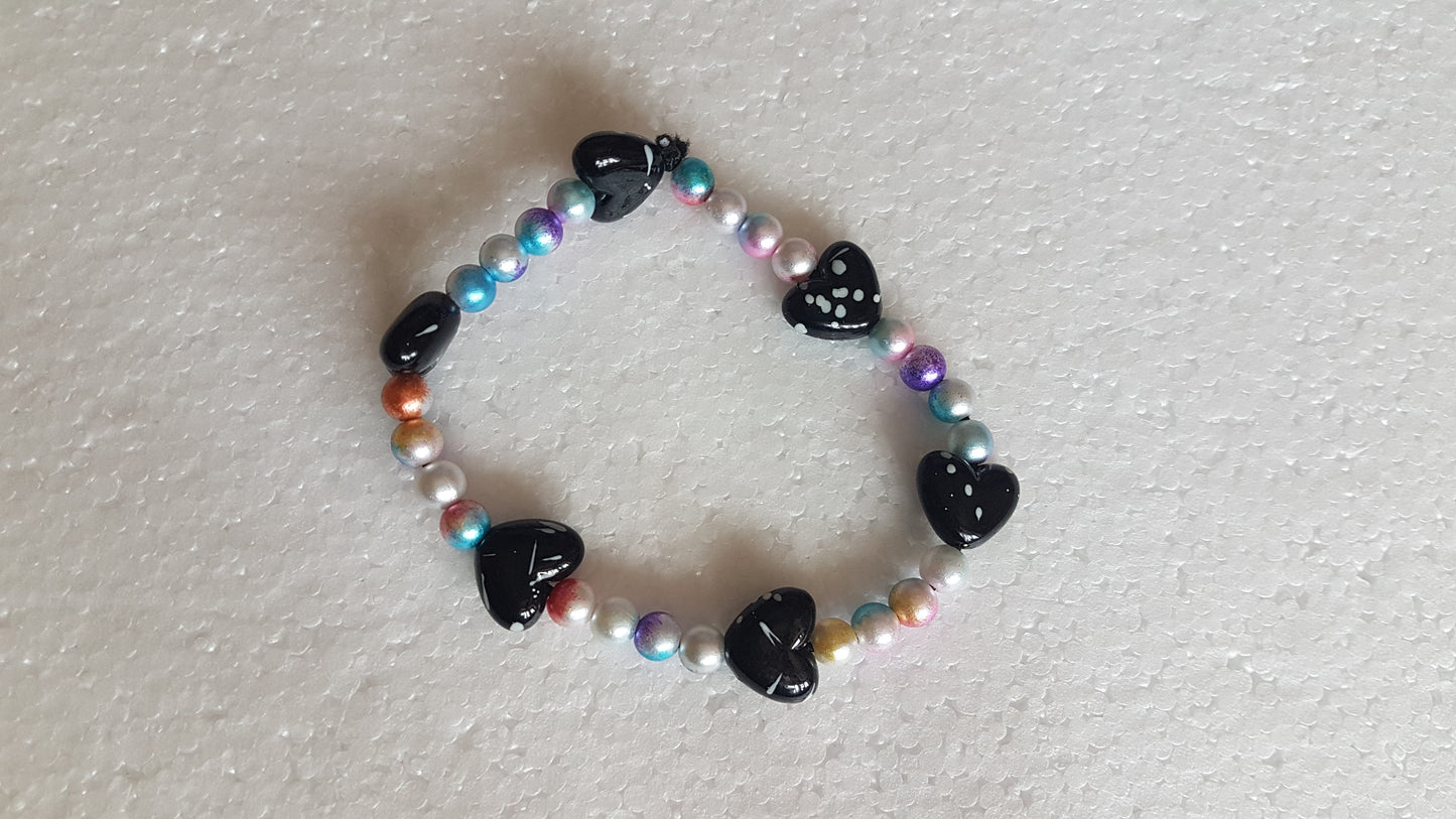 Bead Elastic Black Hearts Bracelet Multicoloured