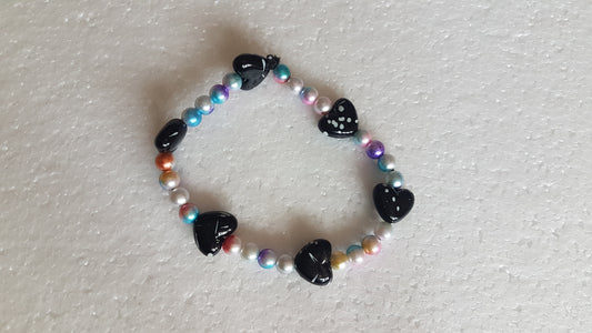 Bead Elastic Black Hearts Bracelet Multicoloured