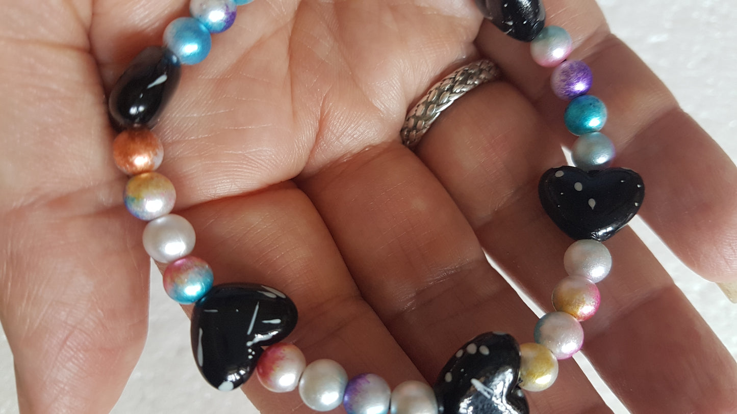 Bead Elastic Black Hearts Bracelet Multicoloured
