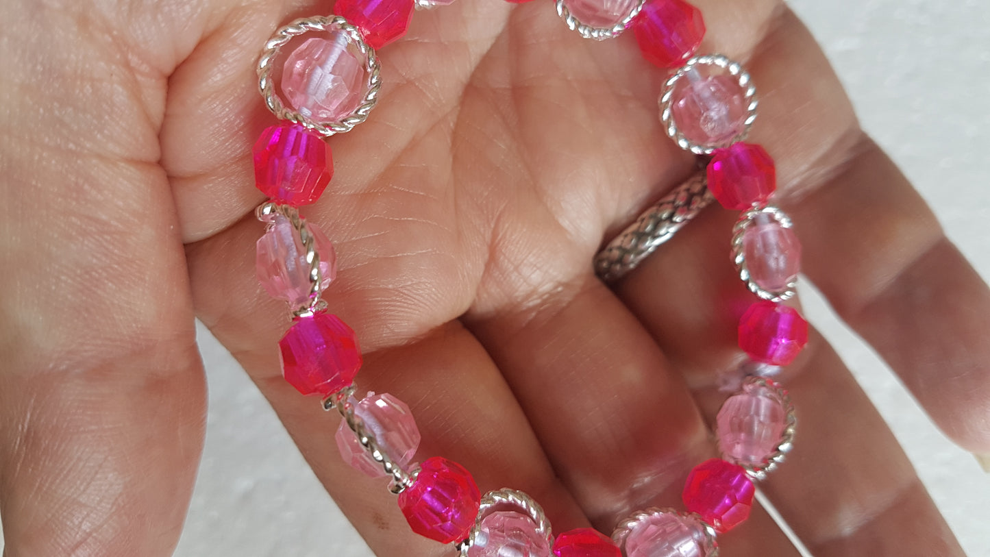 Bead Elastic Pink Silver Rings Bracelet