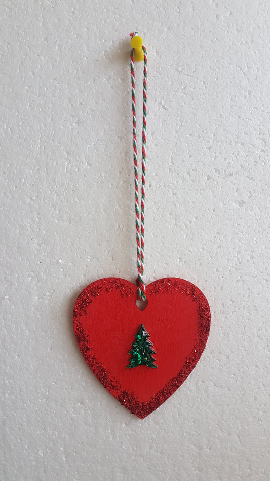 Small Christmas Wooden Heart Red Green Window Hanging Gift