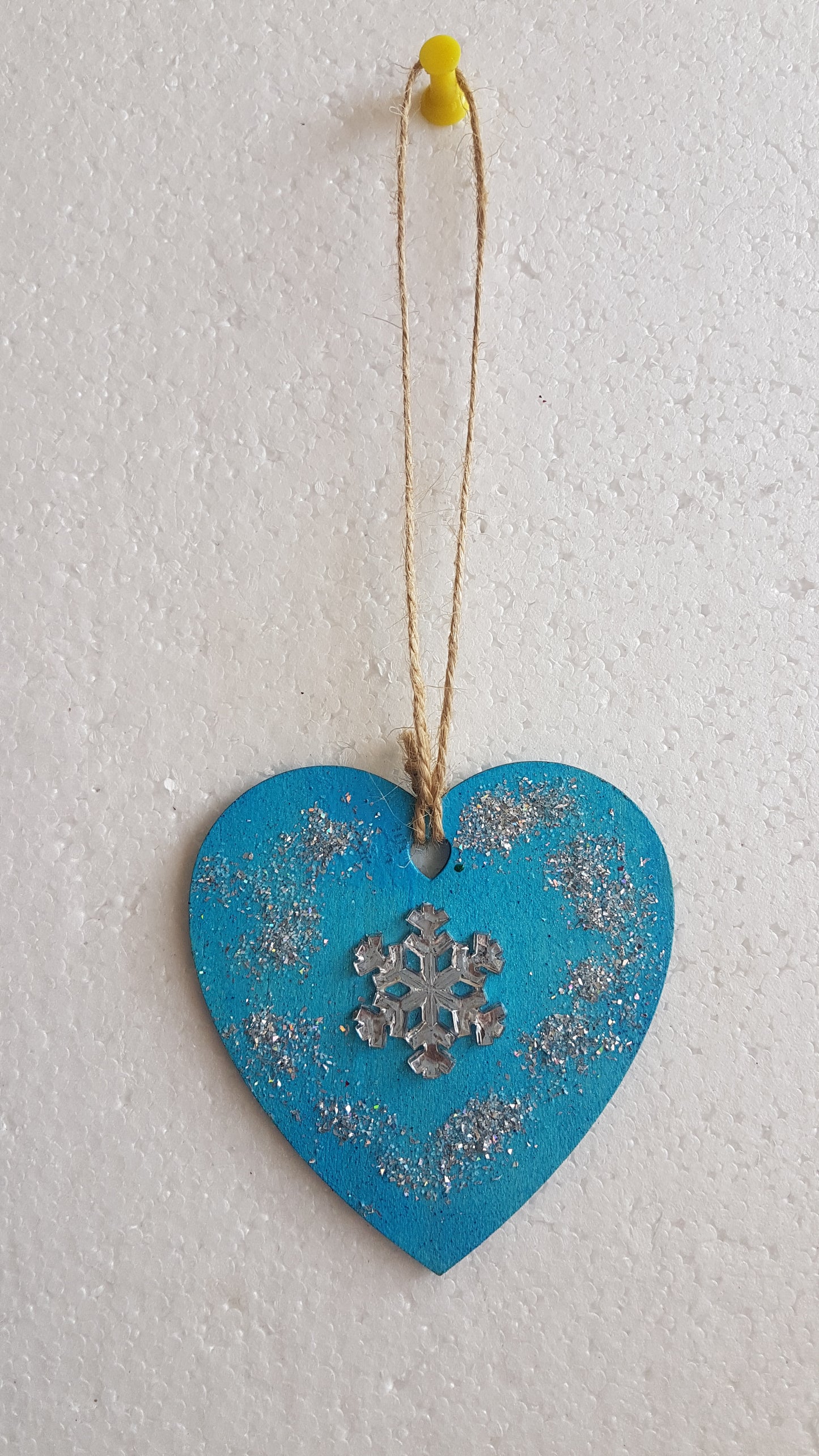 Small Christmas Wooden Heart Silver Blue Snowflake Window Hanging Gift