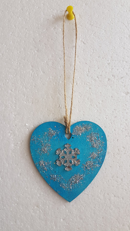 Small Christmas Wooden Heart Silver Blue Snowflake Window Hanging Gift