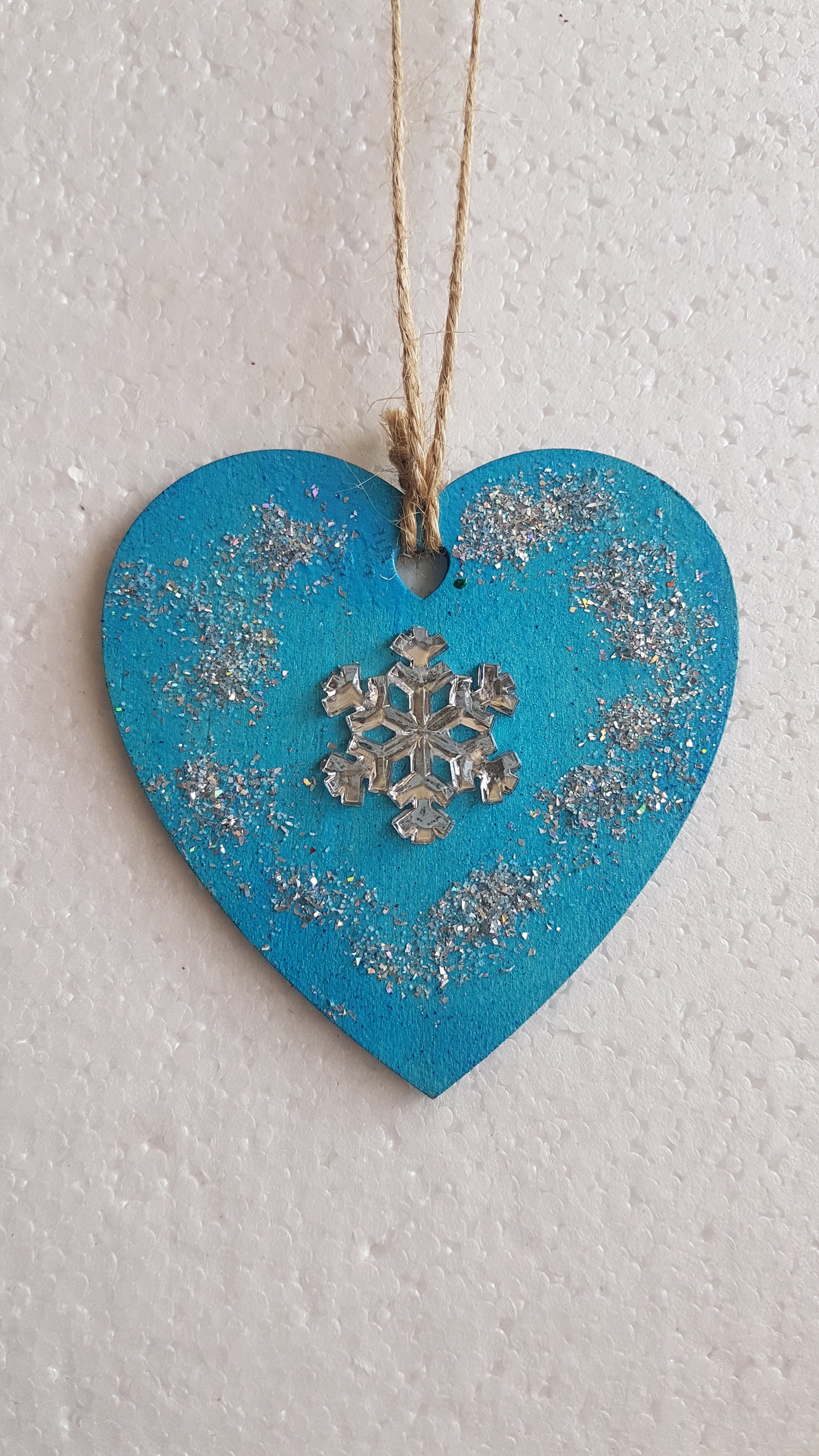 Small Christmas Wooden Heart Silver Blue Snowflake Window Hanging Gift
