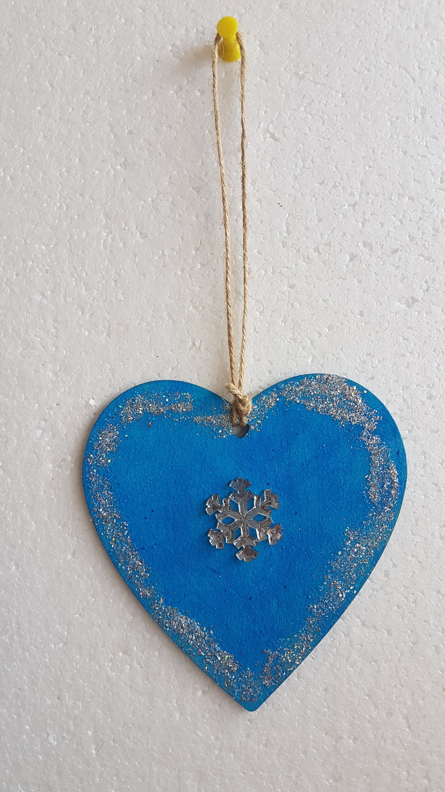 Large Christmas Wooden Heart Silver Blue Snowflake Window Hanging Gift