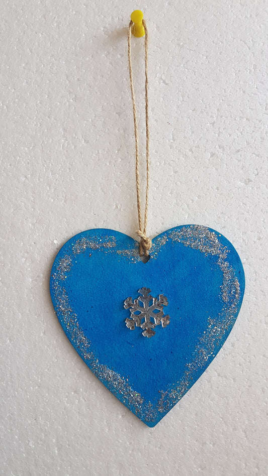 Large Christmas Wooden Heart Silver Blue Snowflake Window Hanging Gift
