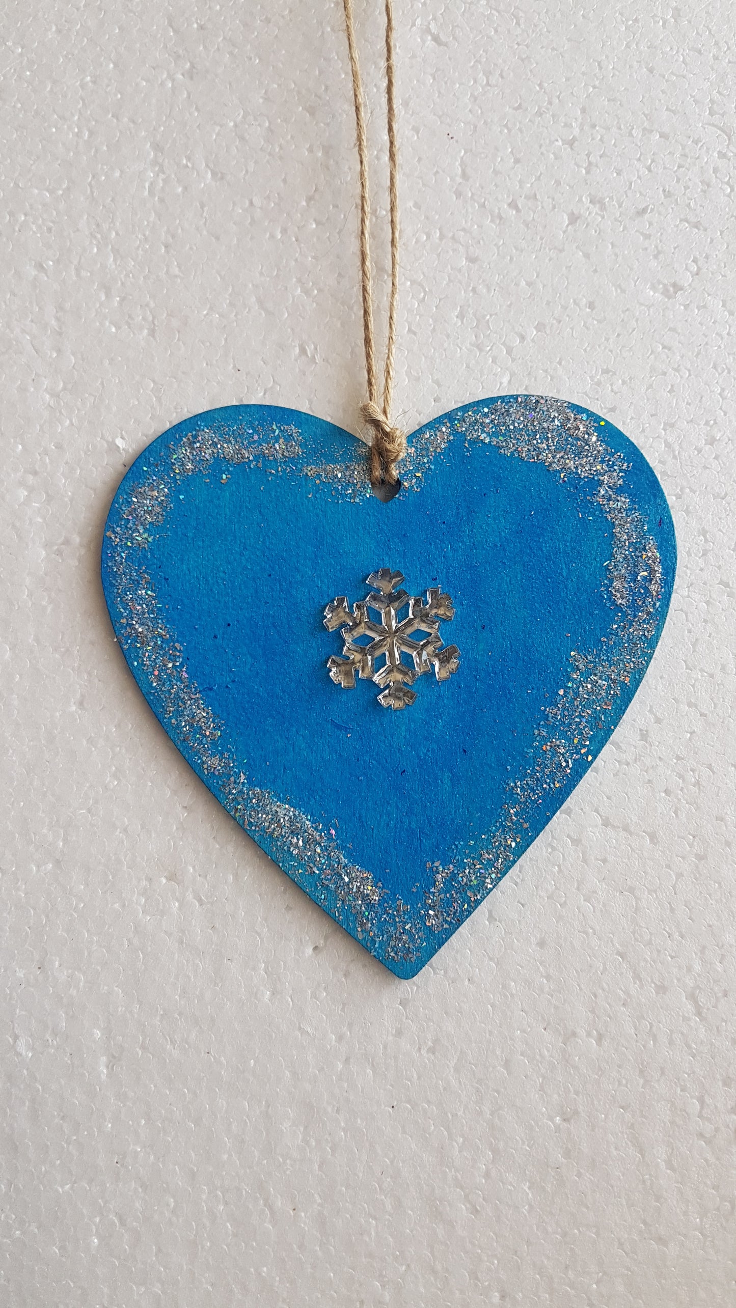 Large Christmas Wooden Heart Silver Blue Snowflake Window Hanging Gift