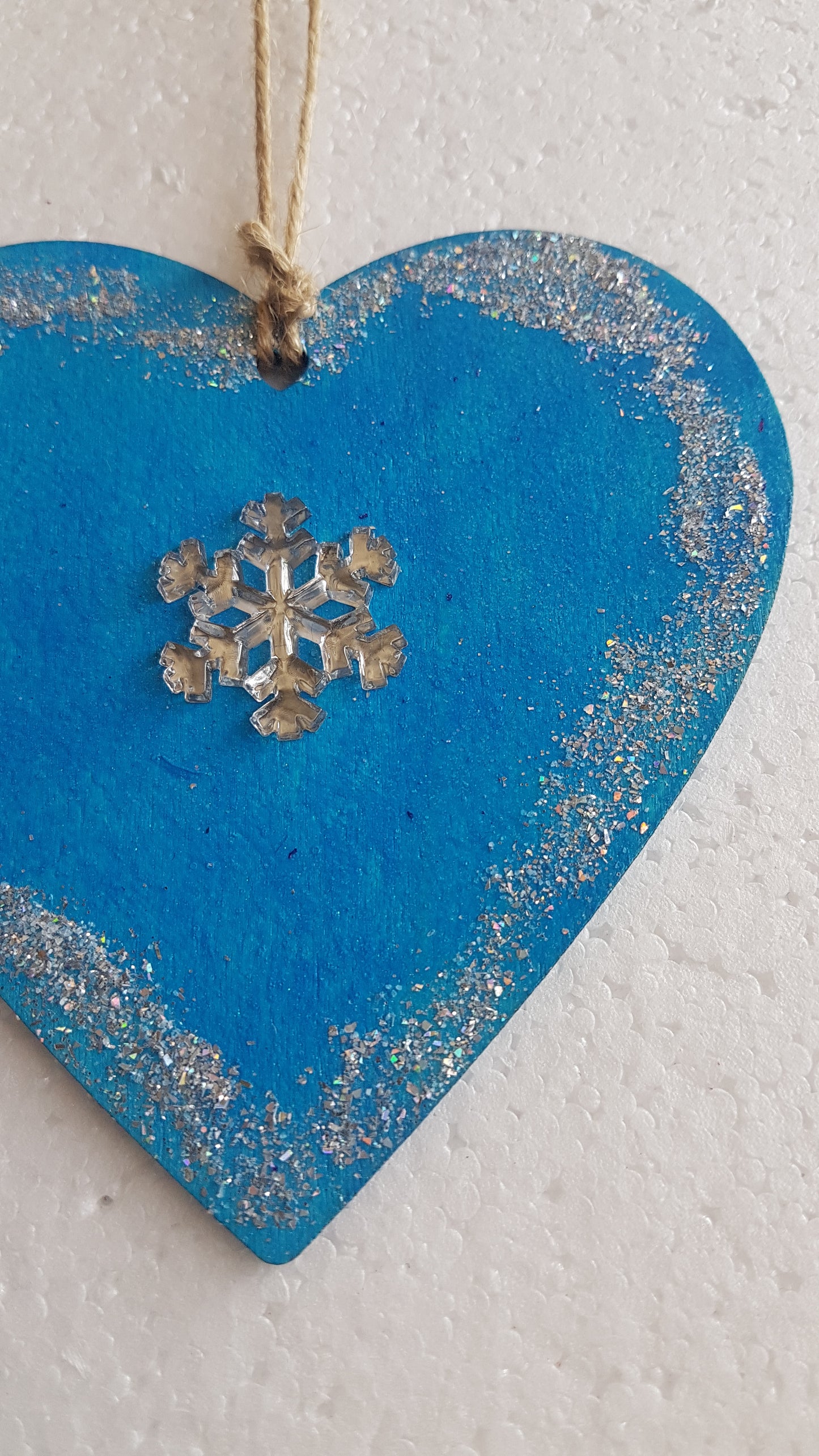 Large Christmas Wooden Heart Silver Blue Snowflake Window Hanging Gift