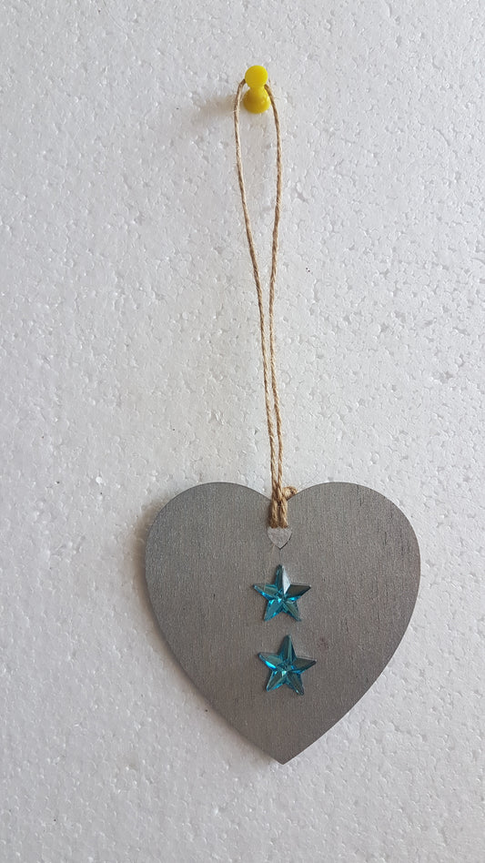 Small Christmas Wooden Heart Silver Blue Star Window Hanging Gift