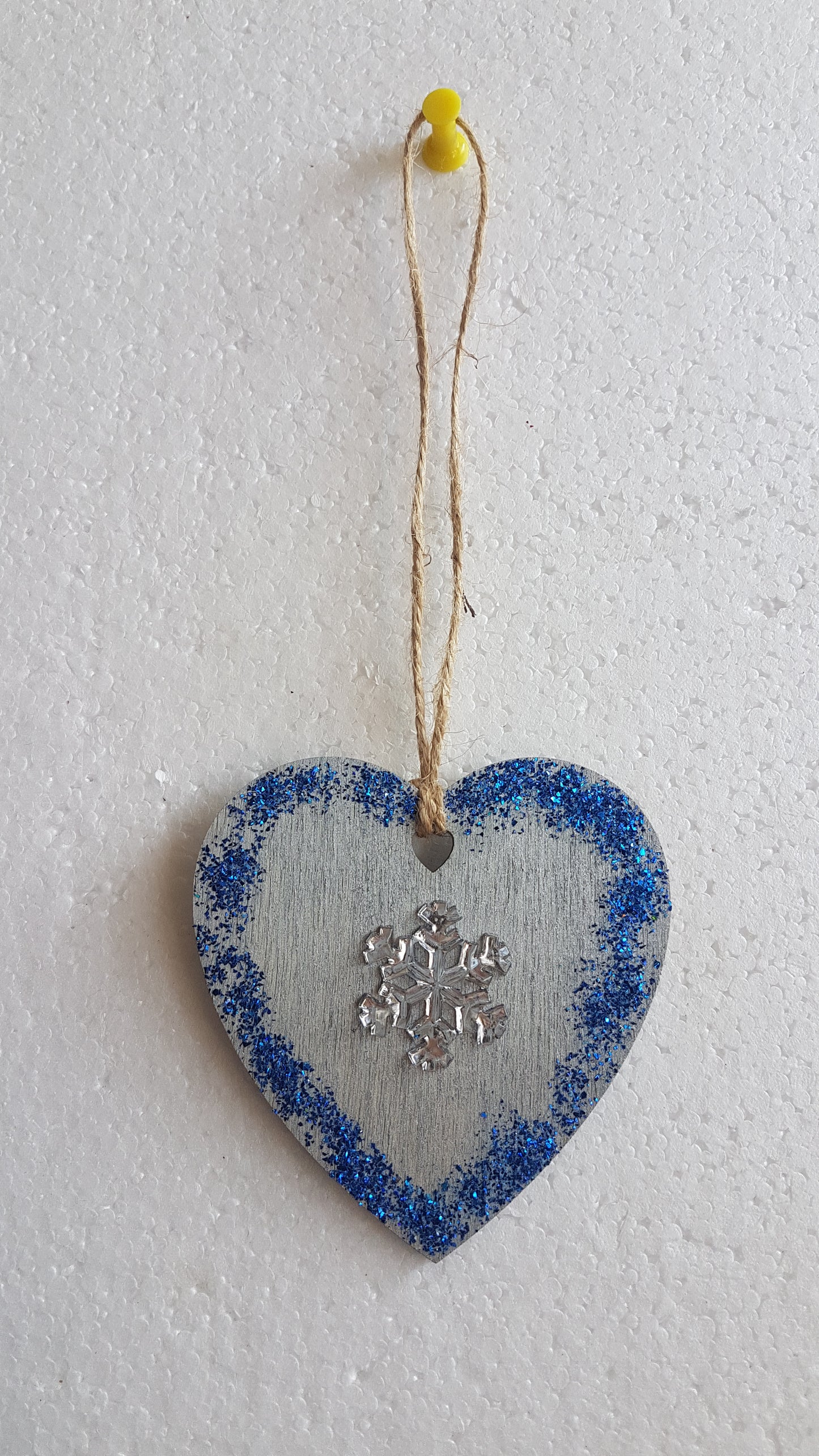 Small Christmas Wooden Heart Silver Blue Snowflake Window Hanging Gift