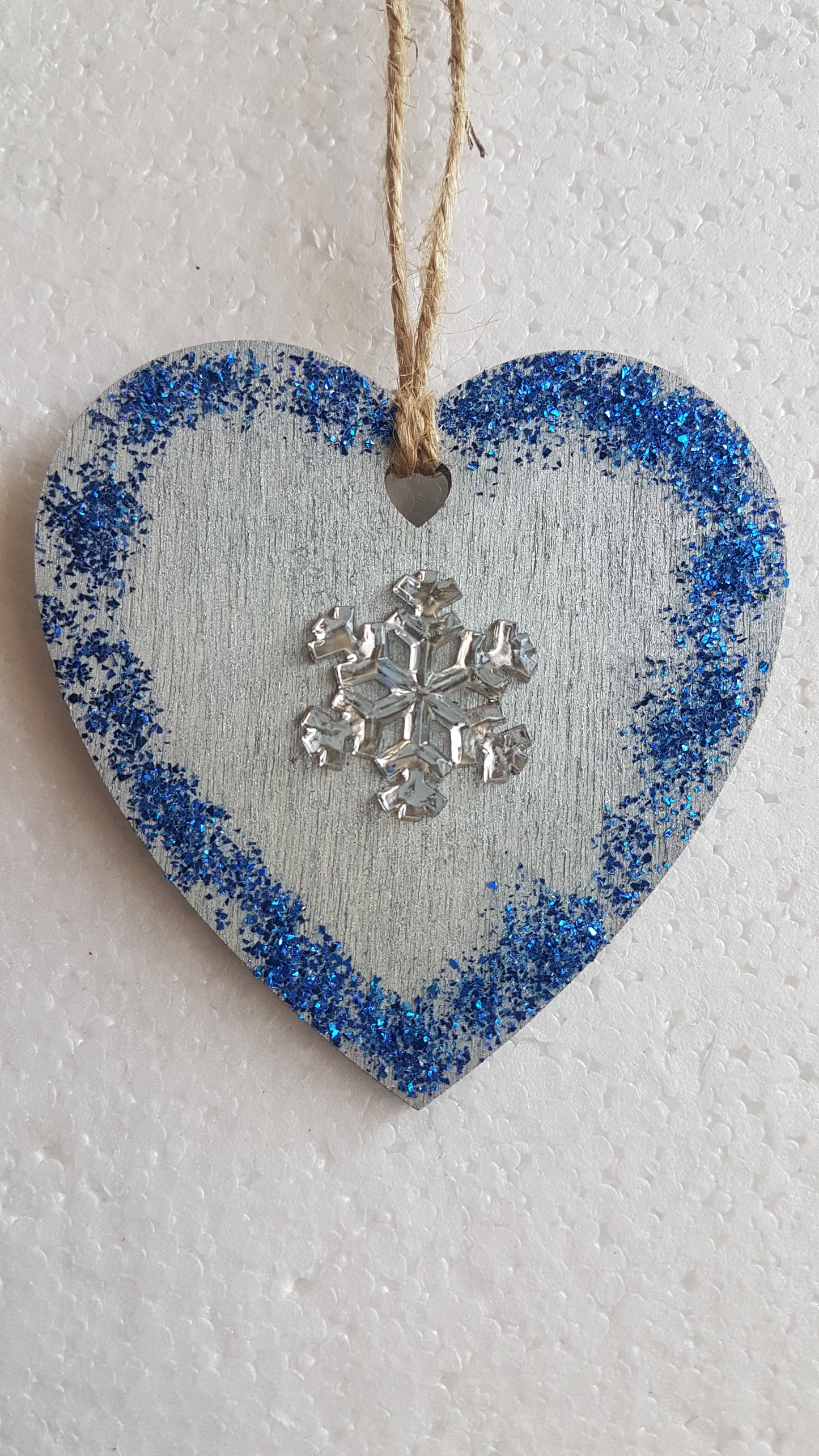 Small Christmas Wooden Heart Silver Blue Snowflake Window Hanging Gift