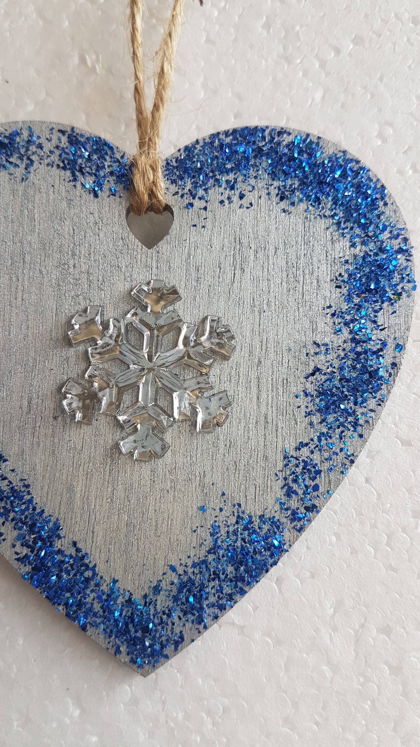 Small Christmas Wooden Heart Silver Blue Snowflake Window Hanging Gift