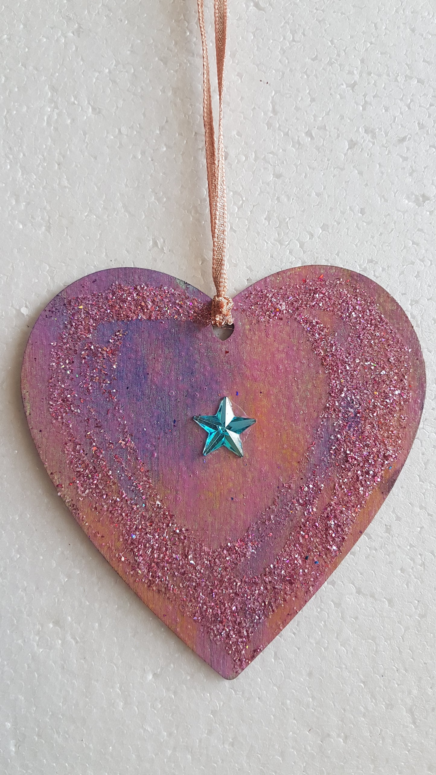 Large Christmas Wooden Heart Purple Pink Blue Star Window Hanging Gift