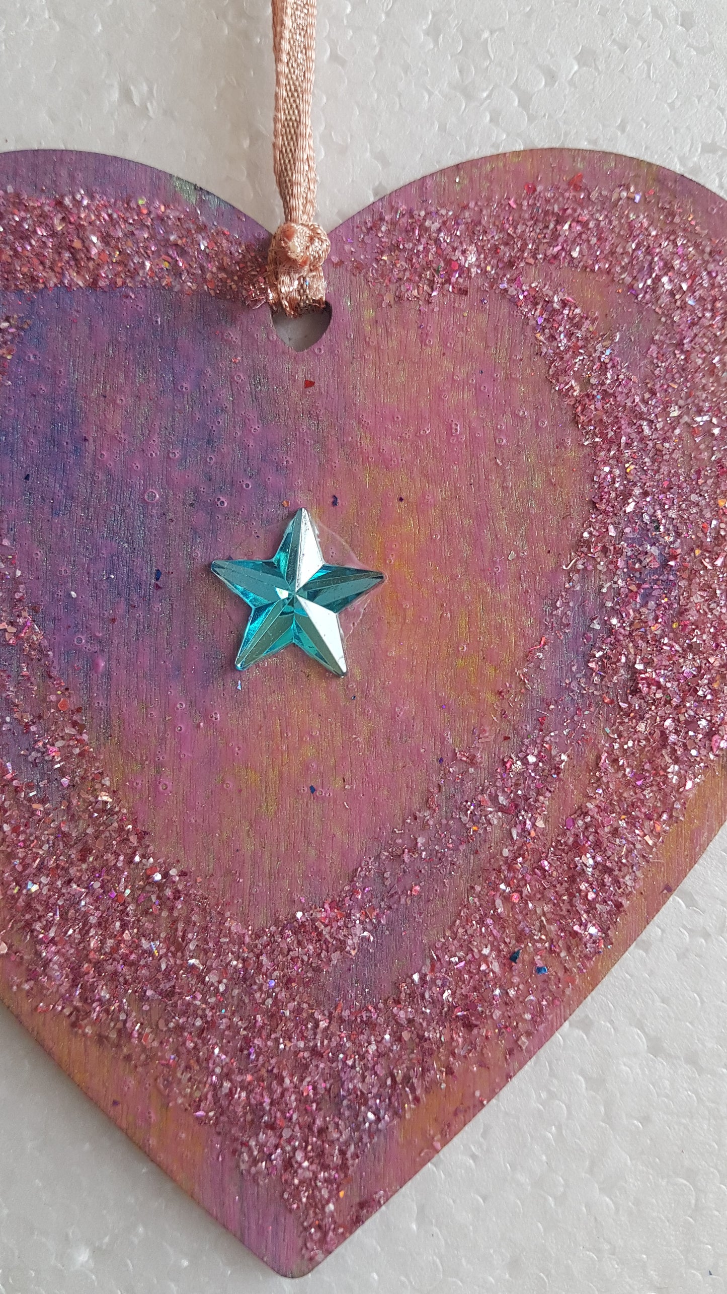 Large Christmas Wooden Heart Purple Pink Blue Star Window Hanging Gift