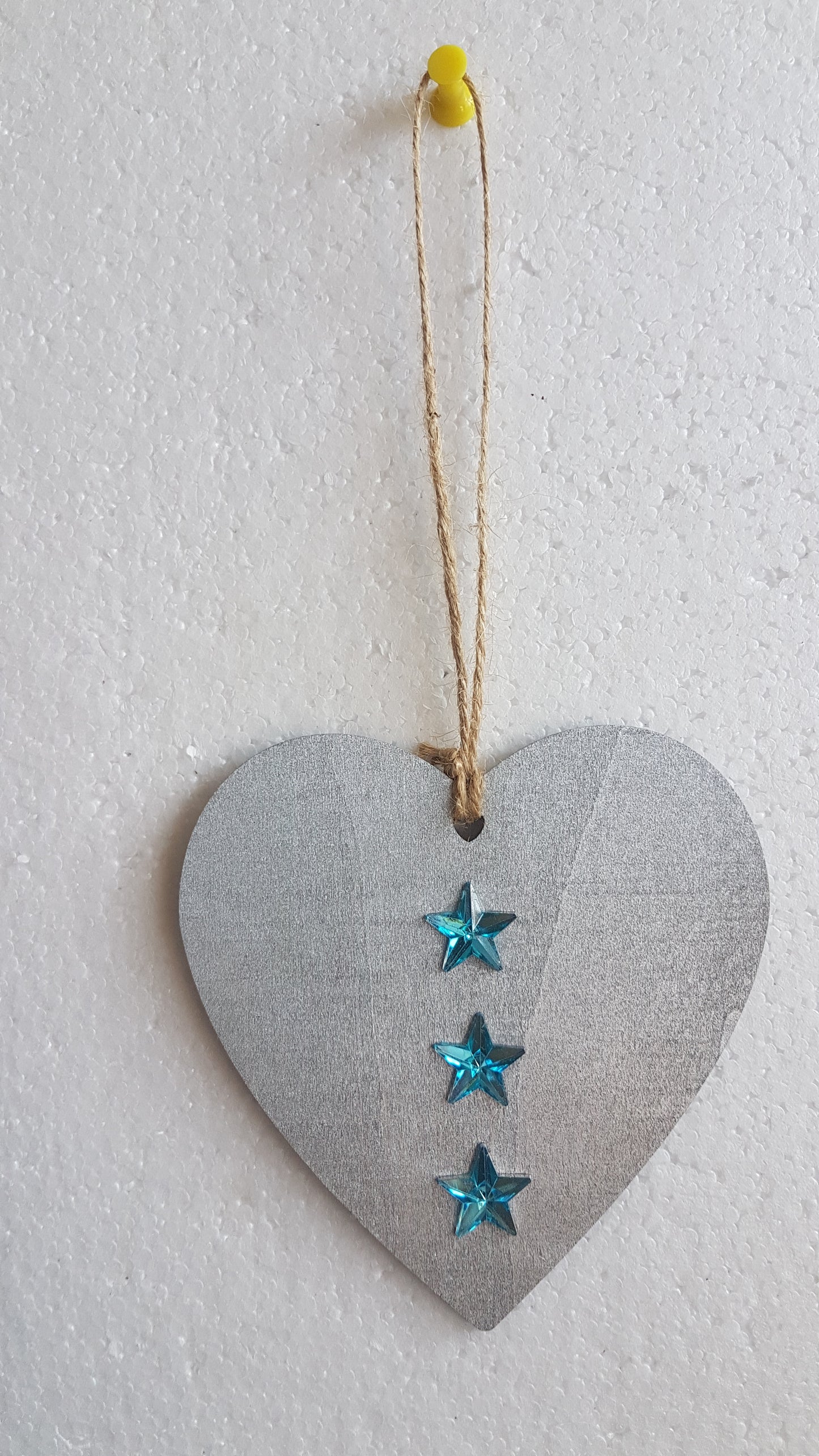 Large Christmas Wooden Heart Silver Blue Three Stars Window Hanging Gift