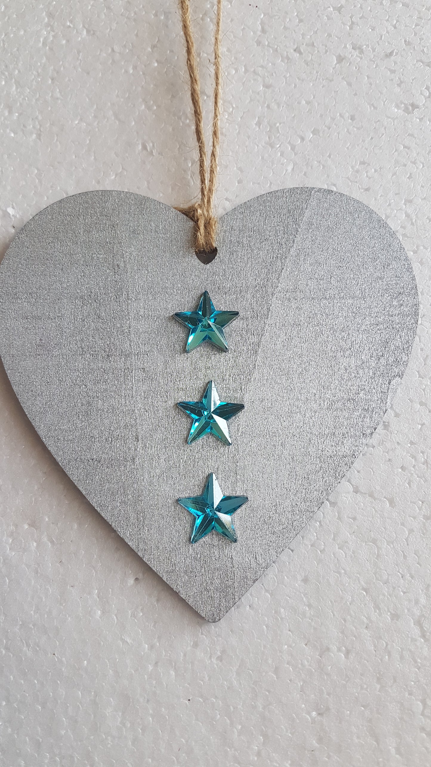 Large Christmas Wooden Heart Silver Blue Three Stars Window Hanging Gift