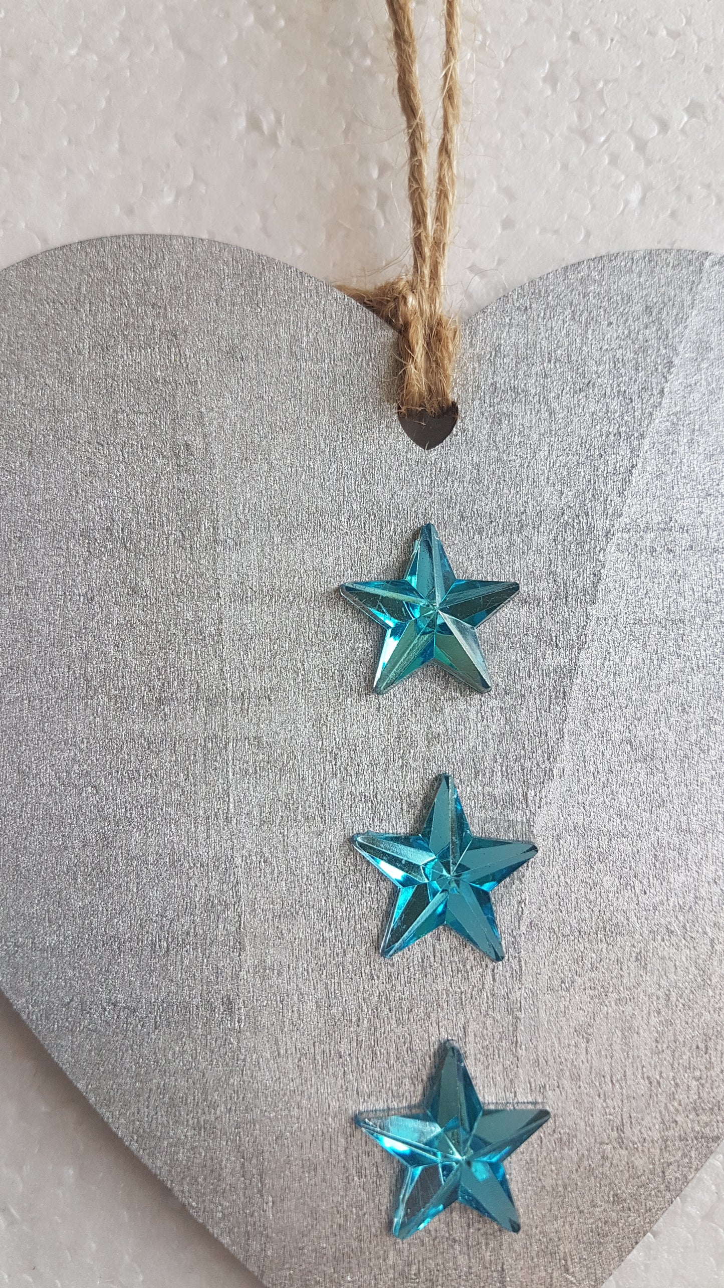 Large Christmas Wooden Heart Silver Blue Three Stars Window Hanging Gift