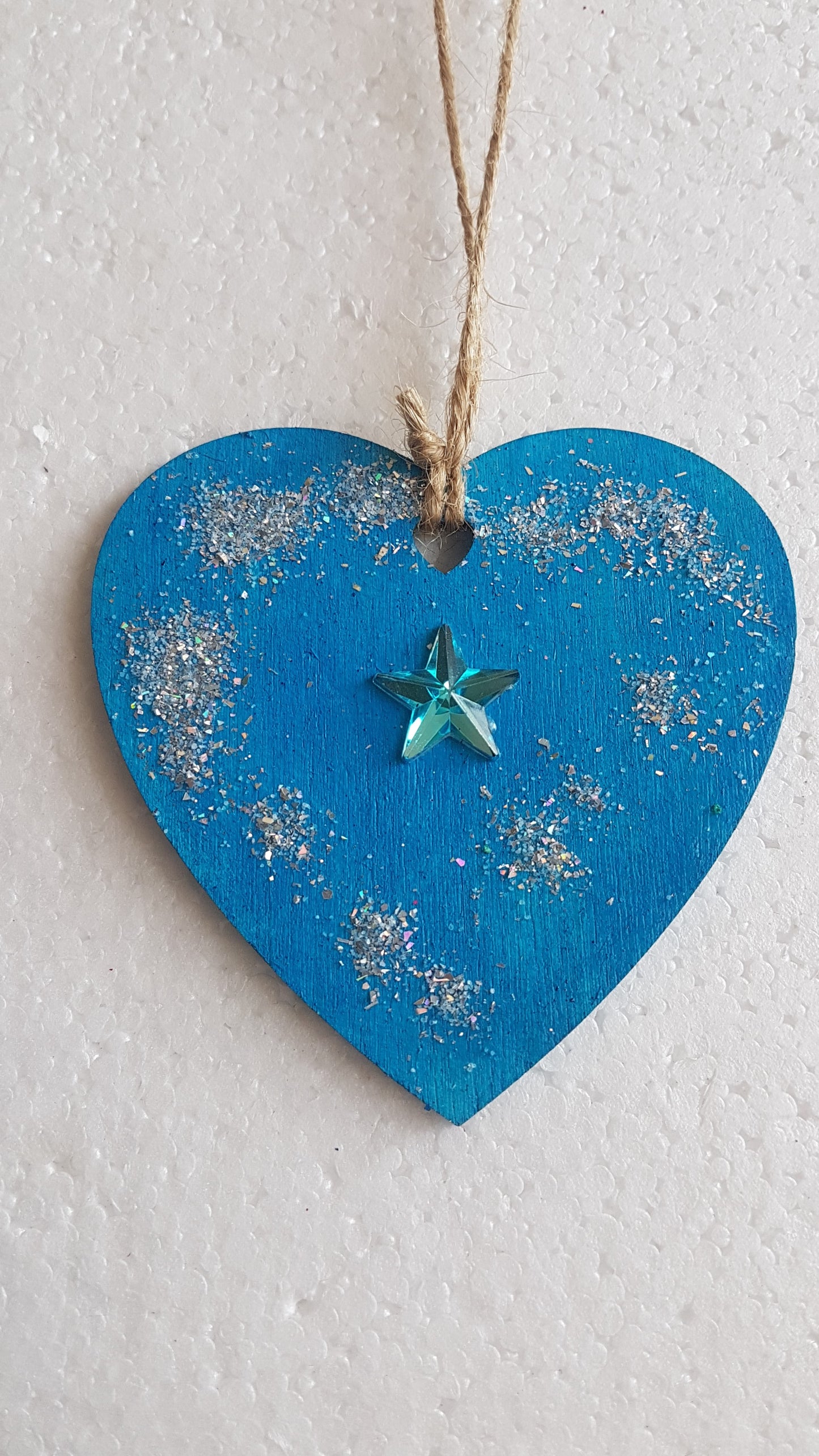 Small Christmas Wooden Heart Silver Blue Snowflake Window Hanging Gift 2