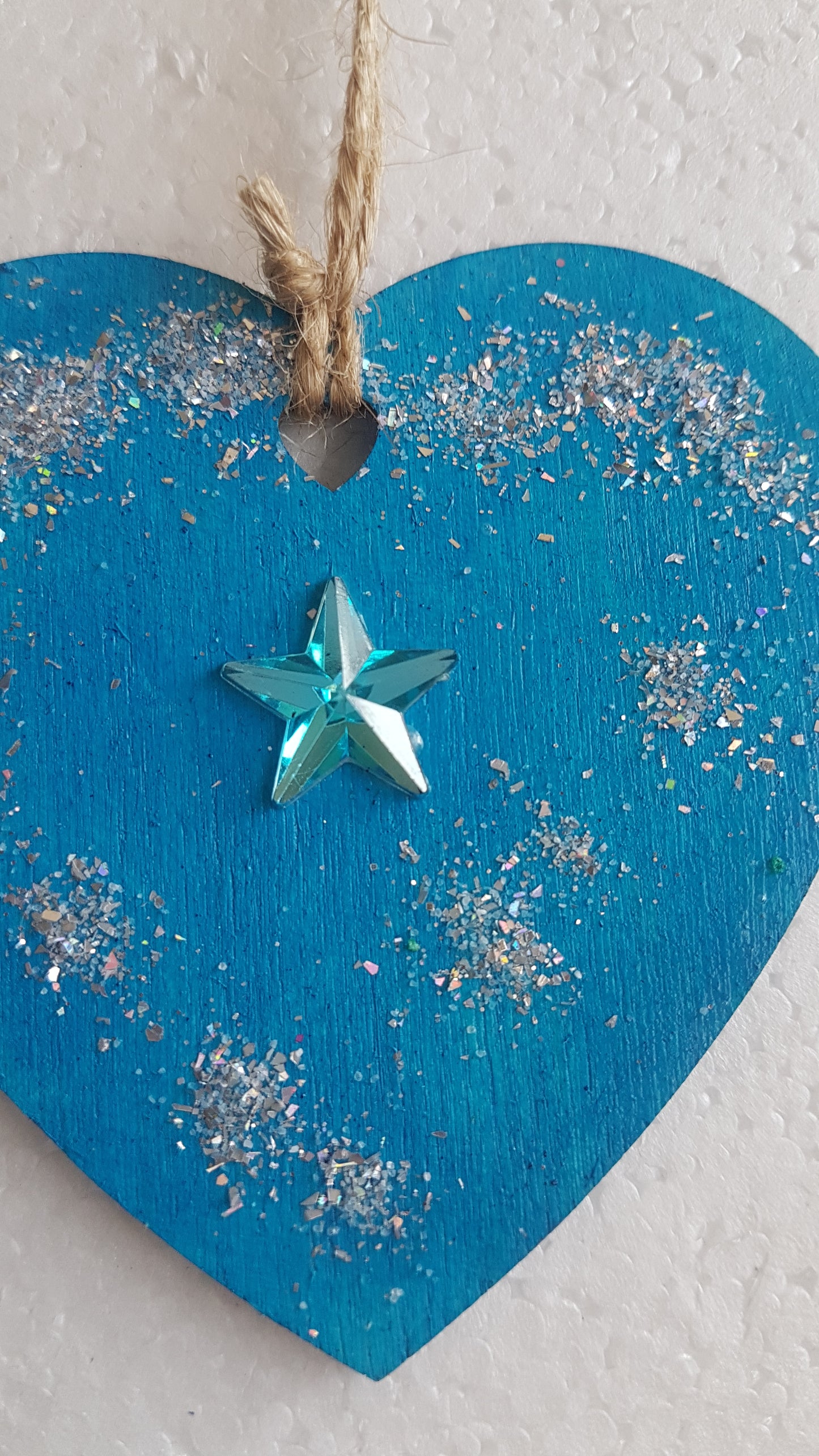 Small Christmas Wooden Heart Silver Blue Snowflake Window Hanging Gift 2