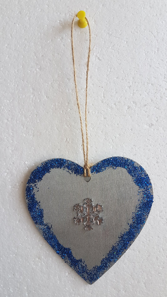 Large Christmas Wooden Heart Silver Blue Snowflake Window Hanging Gift