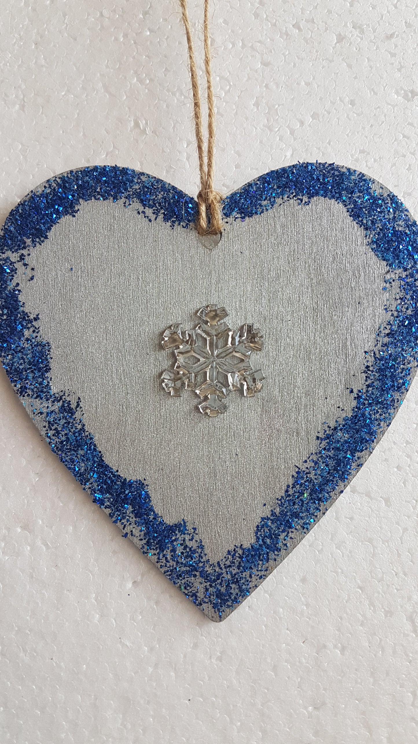 Large Christmas Wooden Heart Silver Blue Snowflake Window Hanging Gift