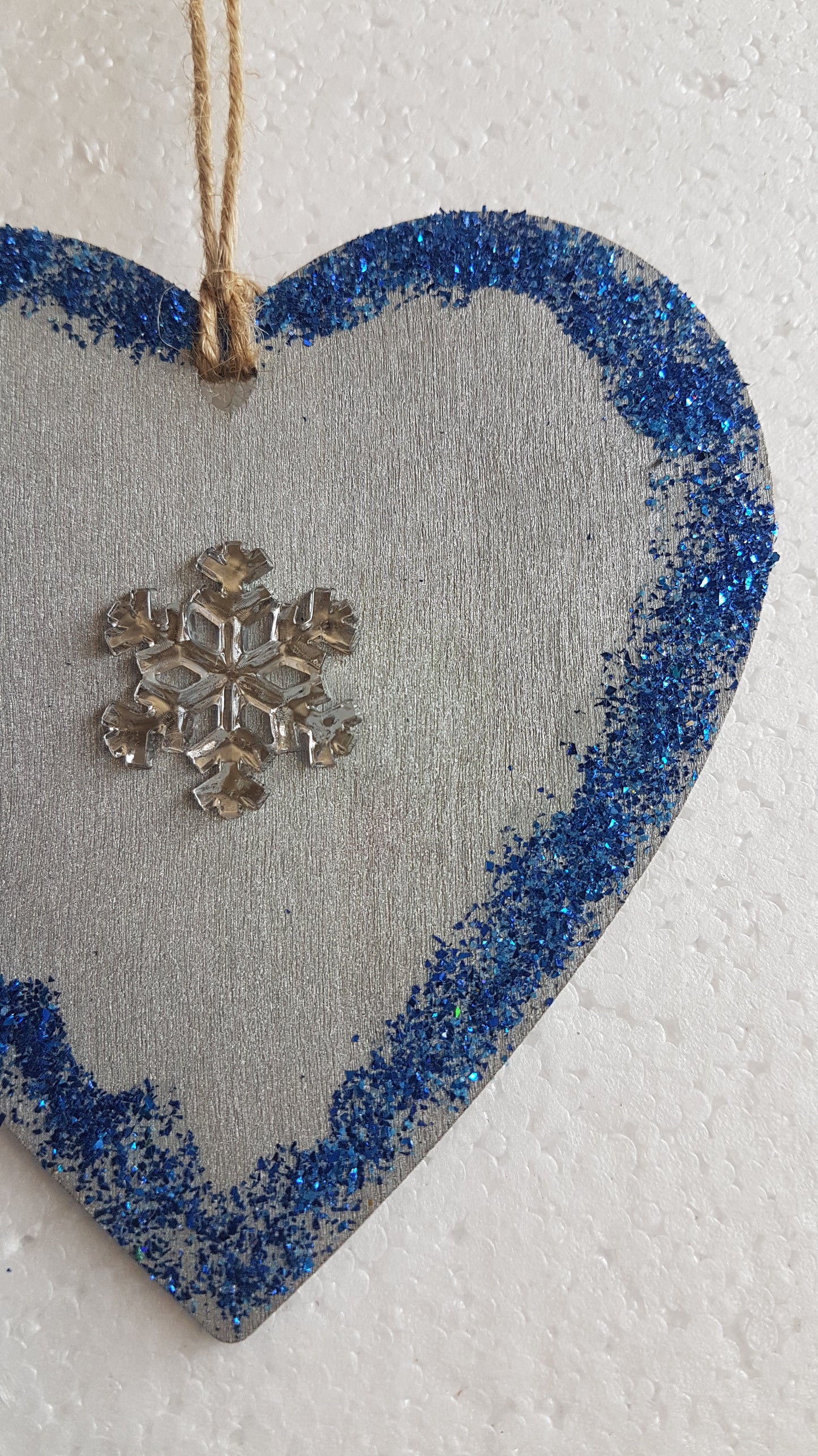 Large Christmas Wooden Heart Silver Blue Snowflake Window Hanging Gift