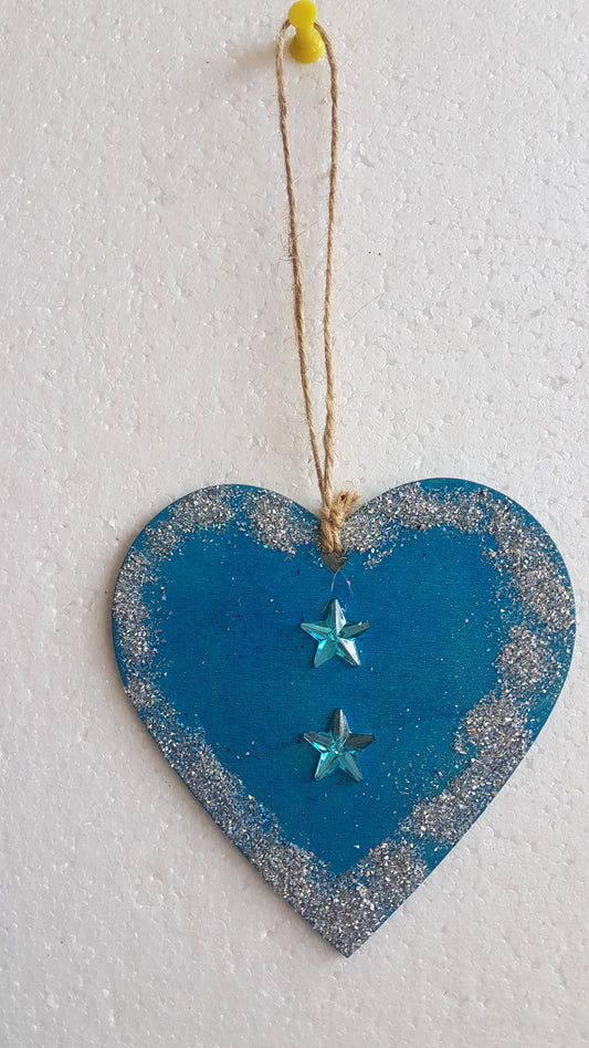 Large Christmas Wooden Heart Silver Blue Two Stars Window Hanging Gift