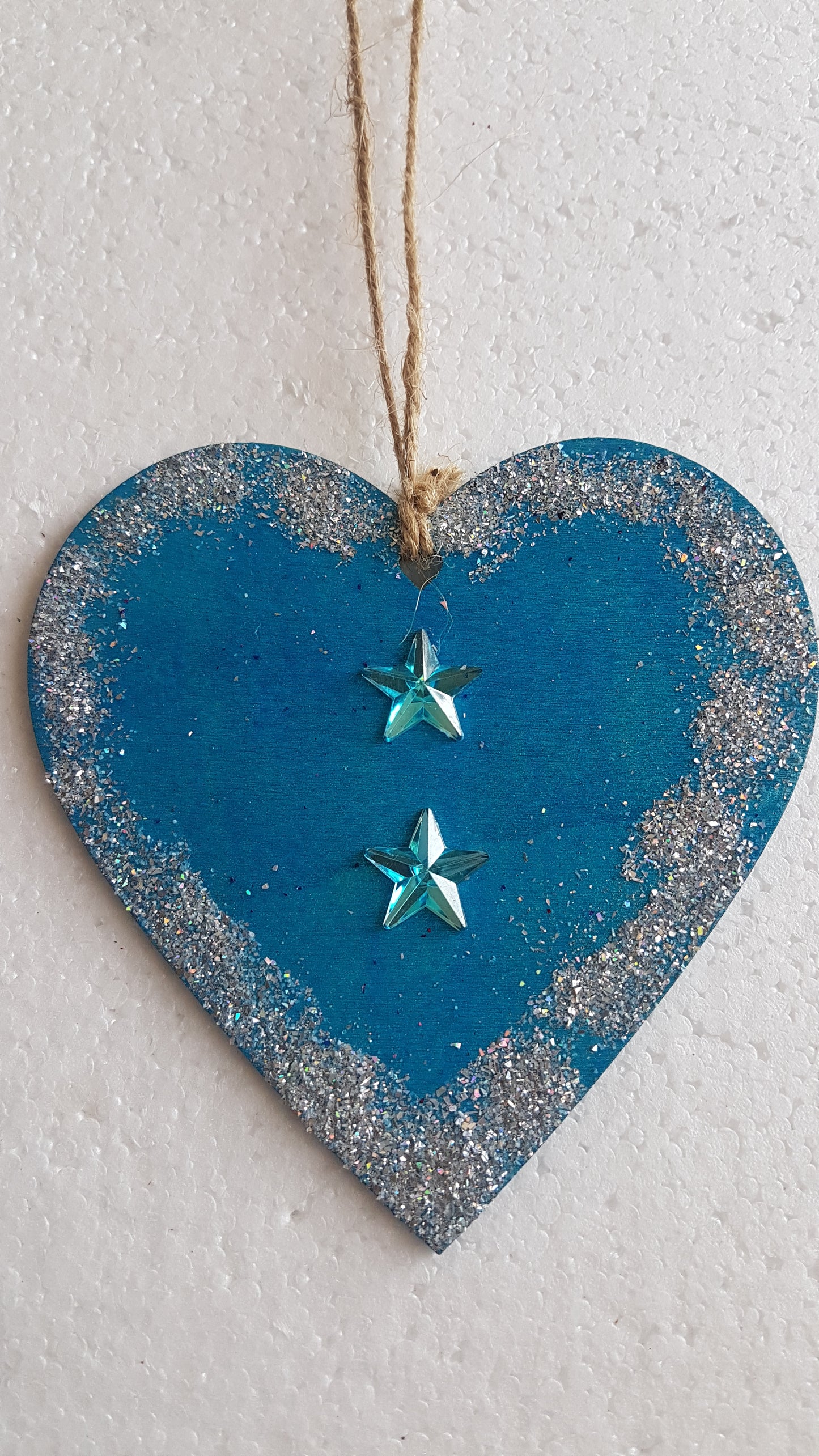 Large Christmas Wooden Heart Silver Blue Two Stars Window Hanging Gift