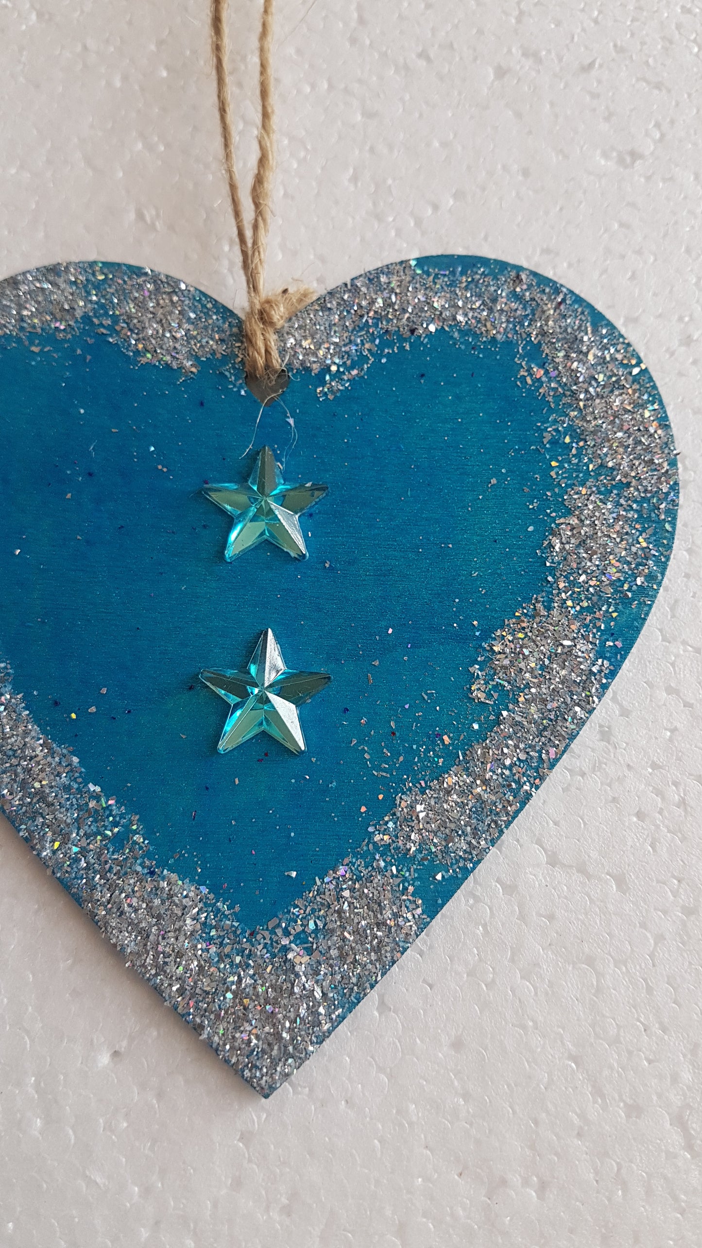 Large Christmas Wooden Heart Silver Blue Two Stars Window Hanging Gift