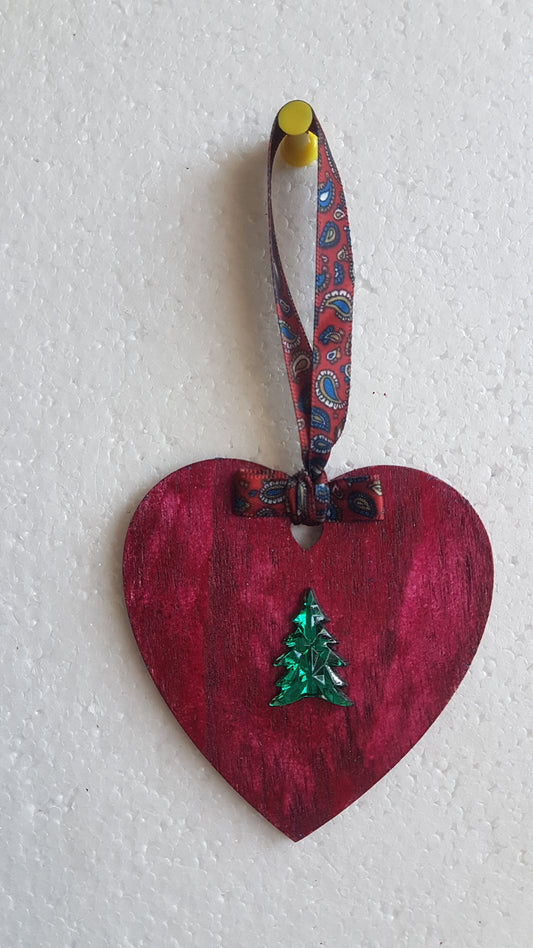Small Christmas Wooden Heart Burgundy Green Window Hanging Gift
