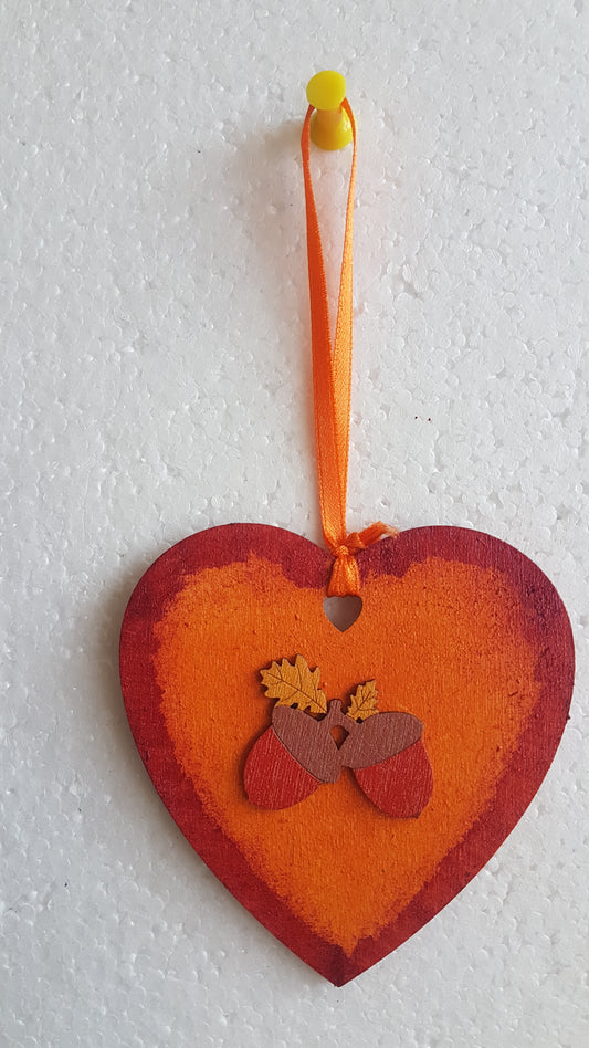Small Autumn Wooden Heart Acorns Toadstool Window Hanging Gift