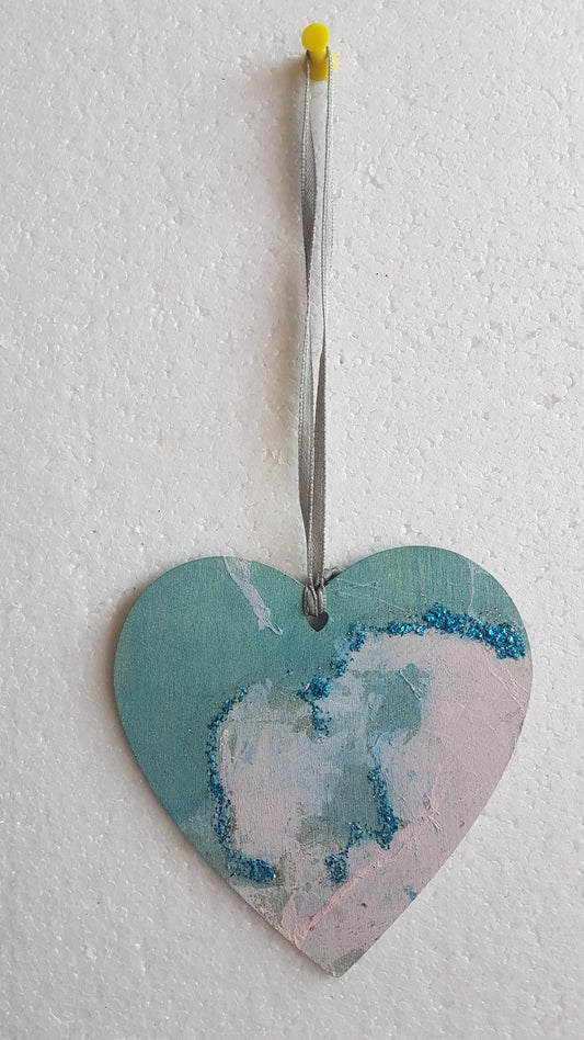 Large Wooden Heart Silver Blue Pink 'Sea and Surf' Window Hanging Gift