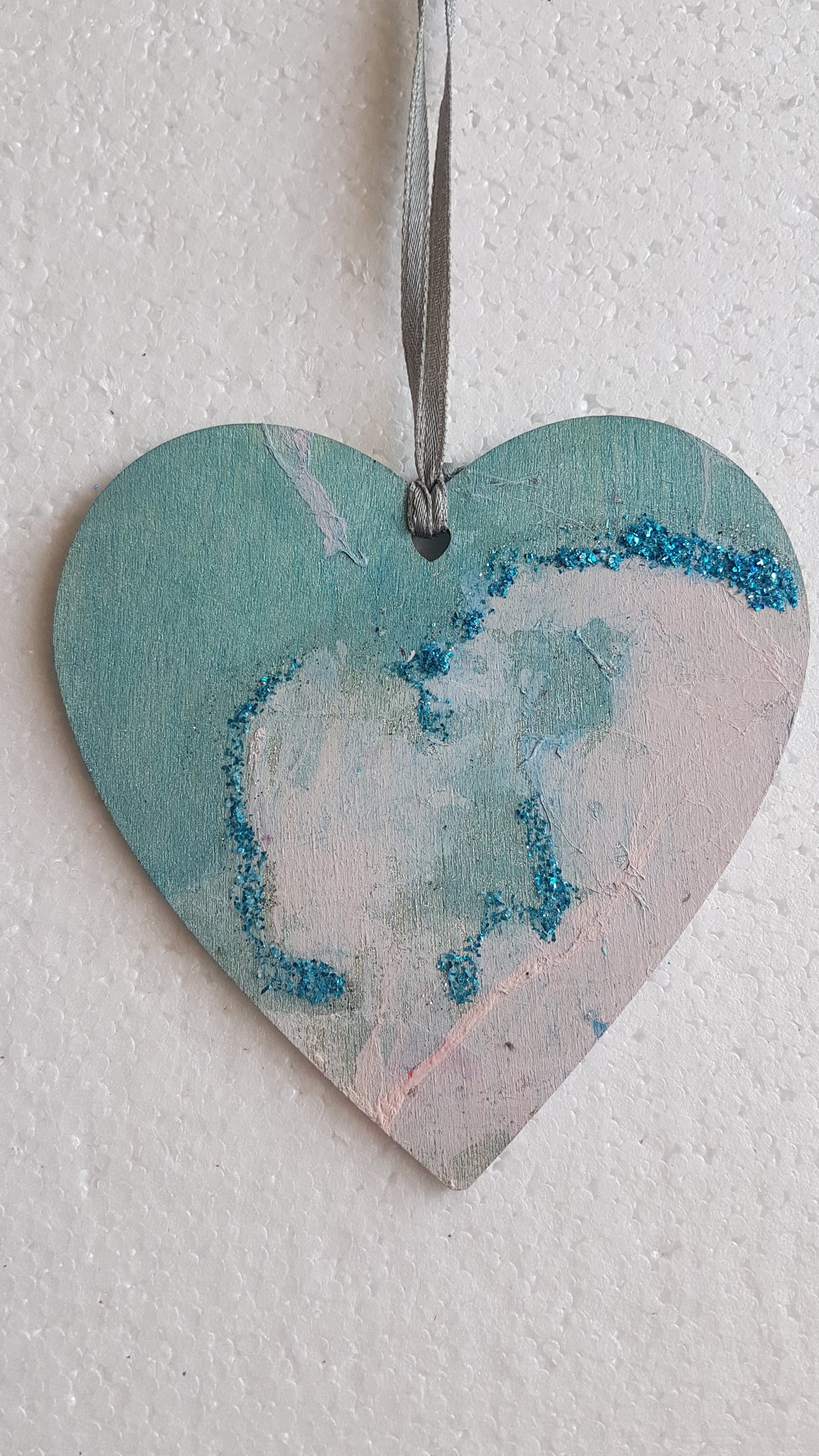 Large Wooden Heart Silver Blue Pink 'Sea and Surf' Window Hanging Gift