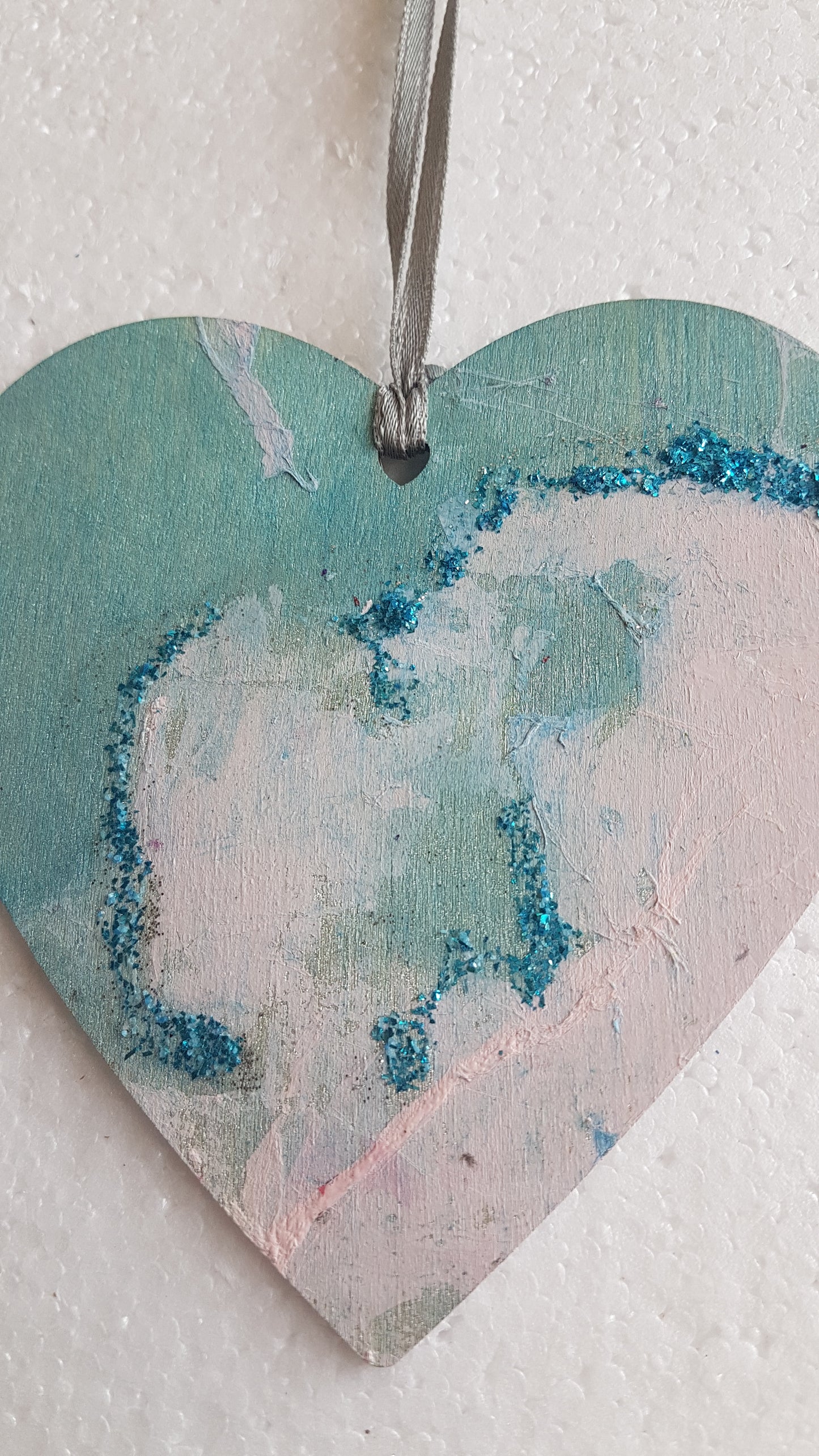 Large Wooden Heart Silver Blue Pink 'Sea and Surf' Window Hanging Gift